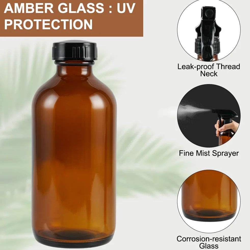 HOTUT Botella de spray de vidrio ámbar 500 ml 4 piezas kit anti-UV a prueba de fugas