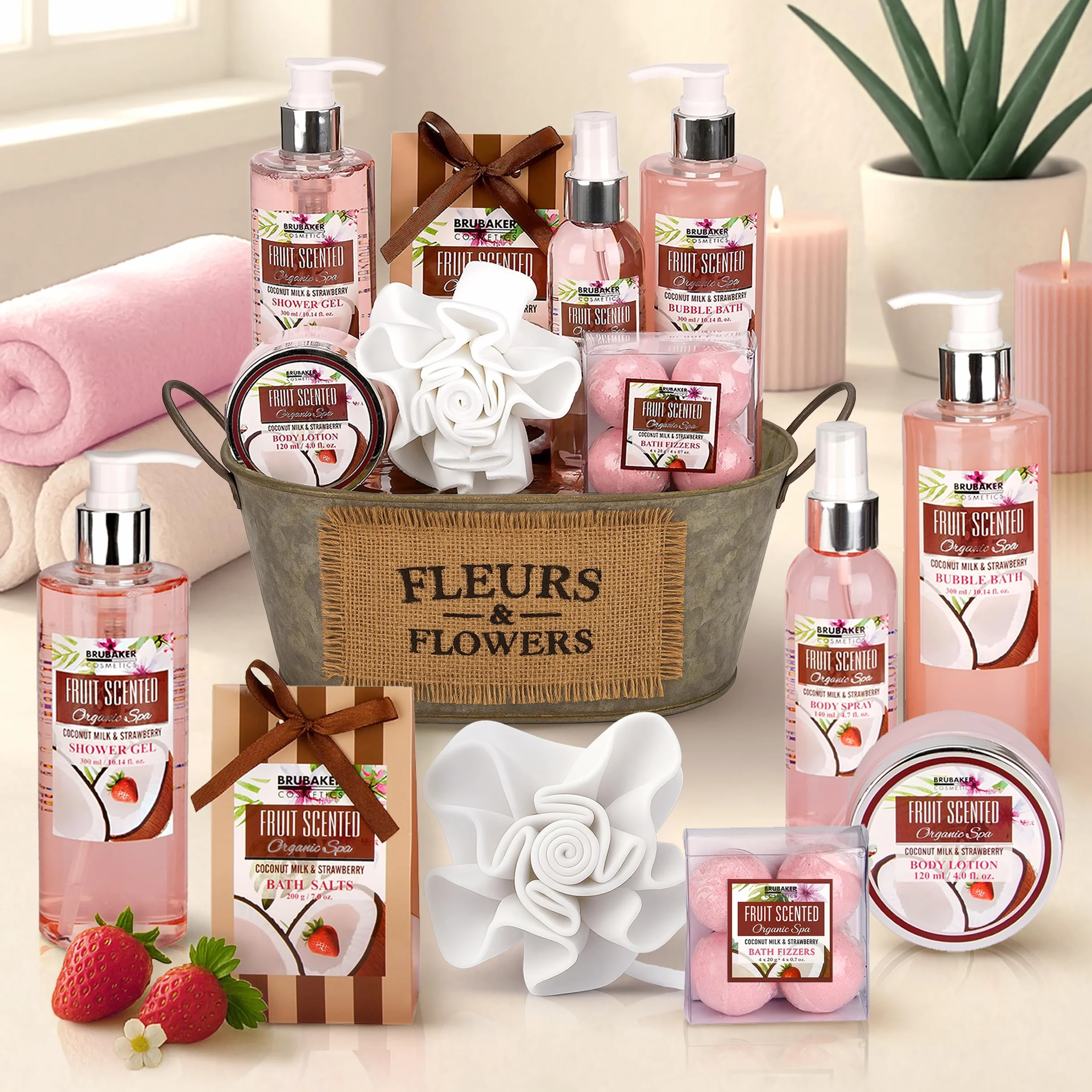BRUBAKER Cosmetics Kit Baños Fresa-Coco 11 piezas Bañera Vintage Set Regalo Mujer Spa Baño Ducha
