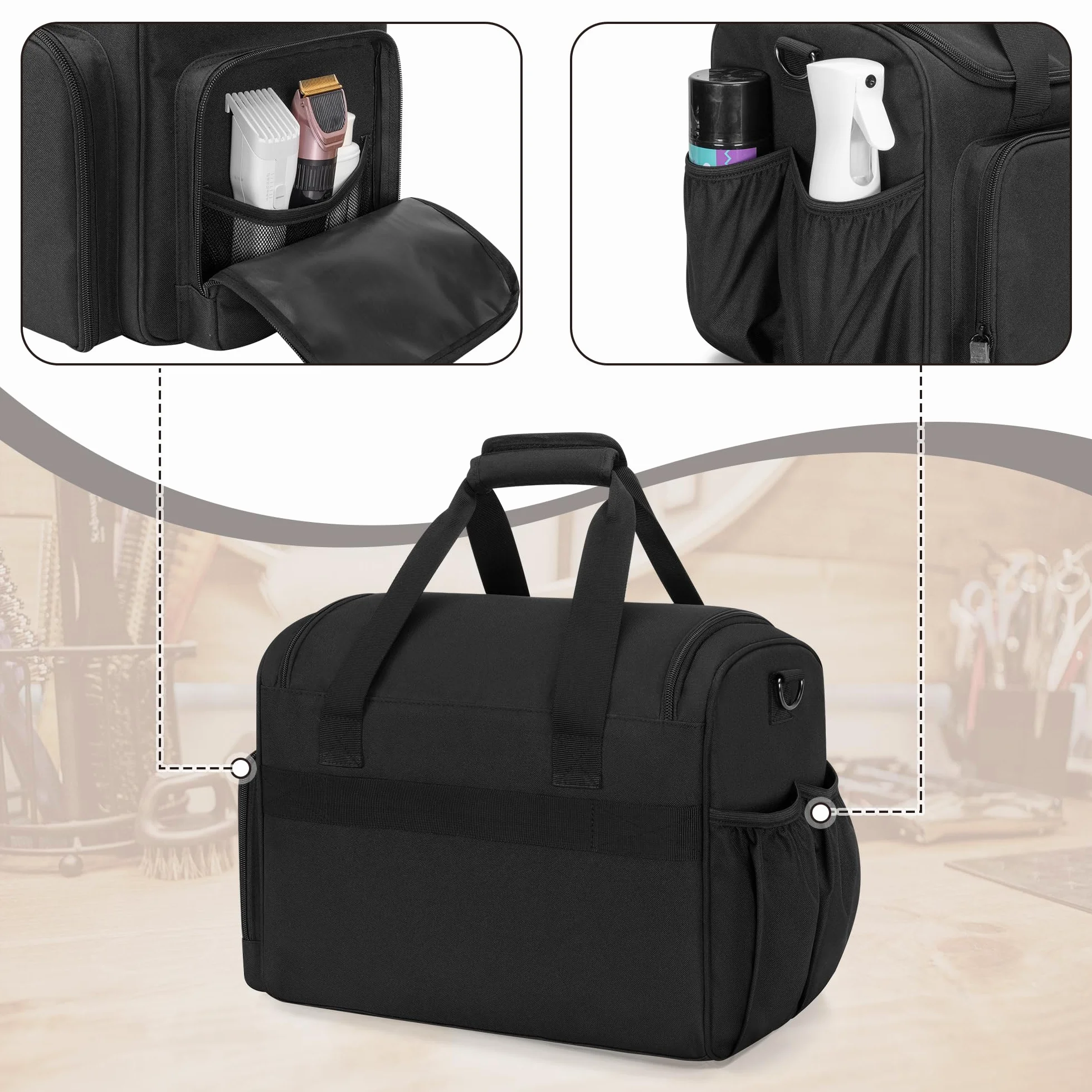 BAFASO Bolsa de Viaje Aislada para Peluquería con Divisor Semi Desmontable y Dos Bolsillos Extraíbles, Bolsa de Peluquería para Varias Herramientas de Corte de Cabello, (Solo Bolsa), Negro