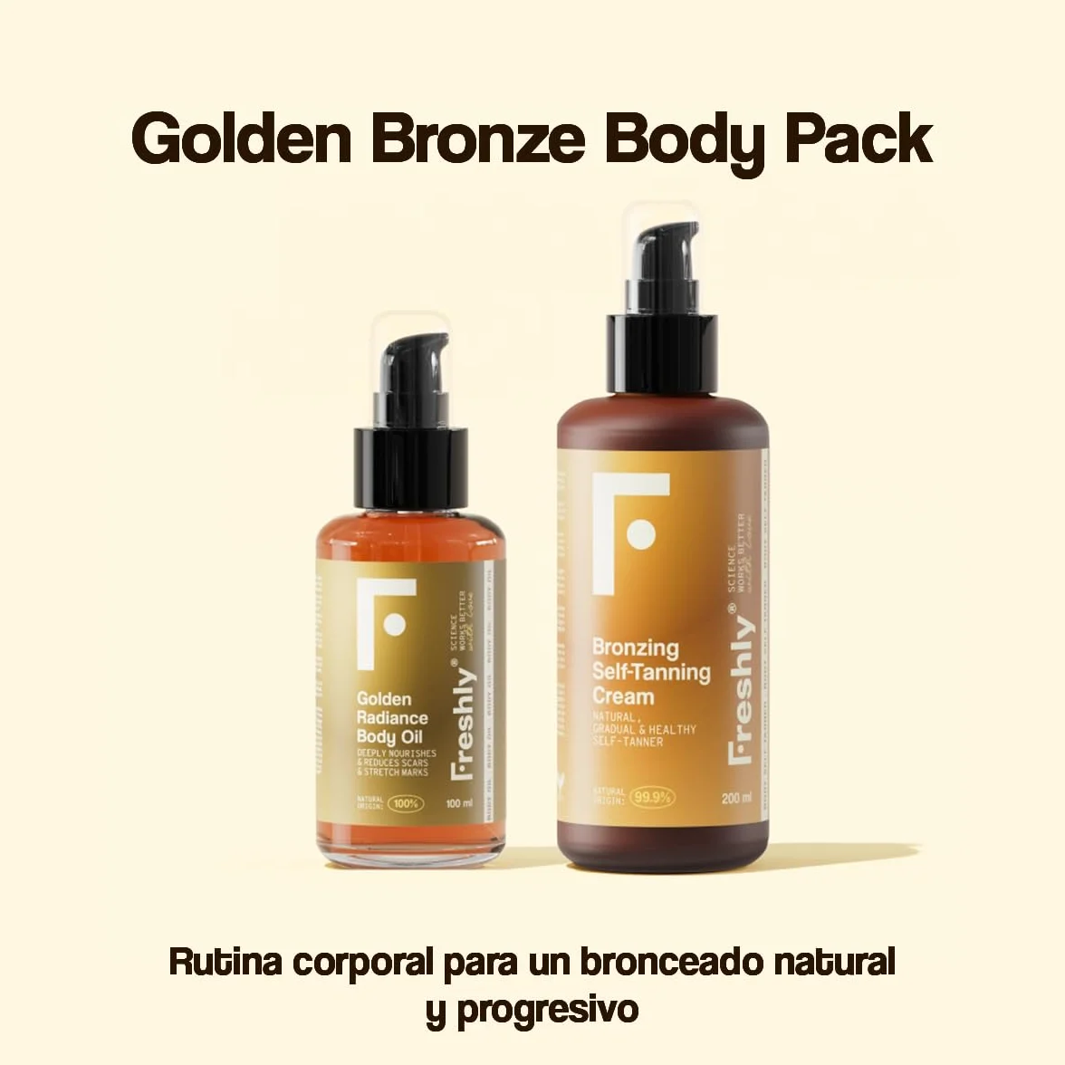 Freshly Cosmetics | Golden Bronze Body Pack | Autobronceador Corporal y Aceite Nutritivo | Pack Aceite + Crema 100ml + 200ml | Bronceado Natural Progresivo para Piel Luminosa