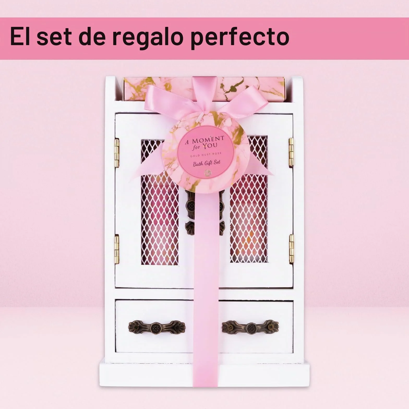 Accentra Set de regalo para mujer A Moment for you Set de belleza con baño de espuma loción corporal y sales de baño en armario de madera decorativo