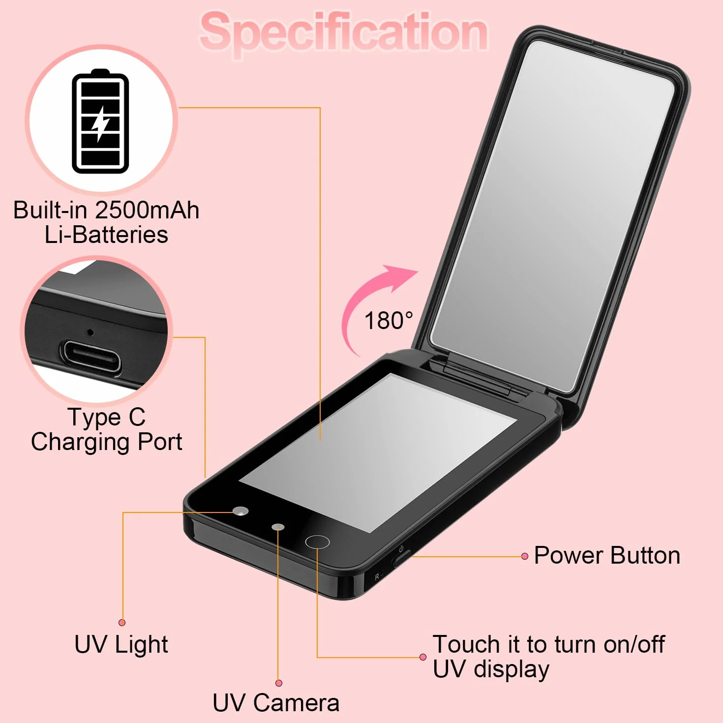 Espejo UV compacto de doble cara 10.16 cm para protector solar y maquillaje de viaje (negro oscuro)