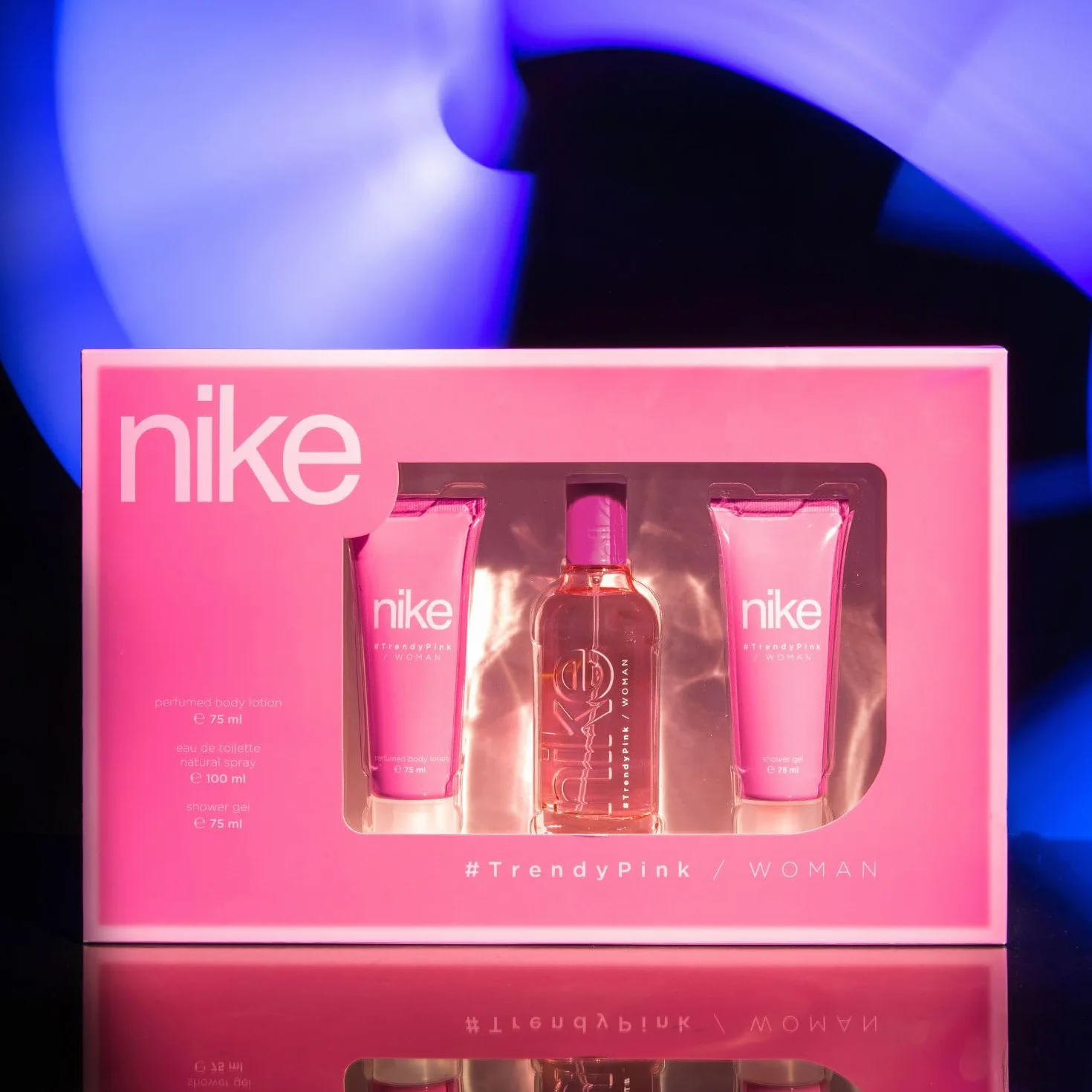 NIKE Colonia 100 ml + Gel de Baño 75 ml + Crema Corporal 75 ml Estuche Regalo Mujer Eau de Toilette Floral Fresca Larga Duración