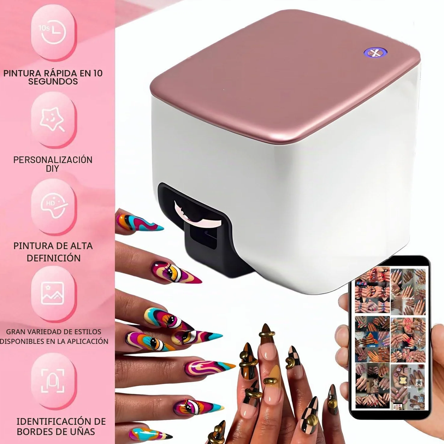 Impresora 3D para decoración de uñas, máquina de impresión de uñas DIY con control de aplicación, alta resolución de 4800 ppp, reconocimiento automático de forma de uñas y dibujo rápido 10S