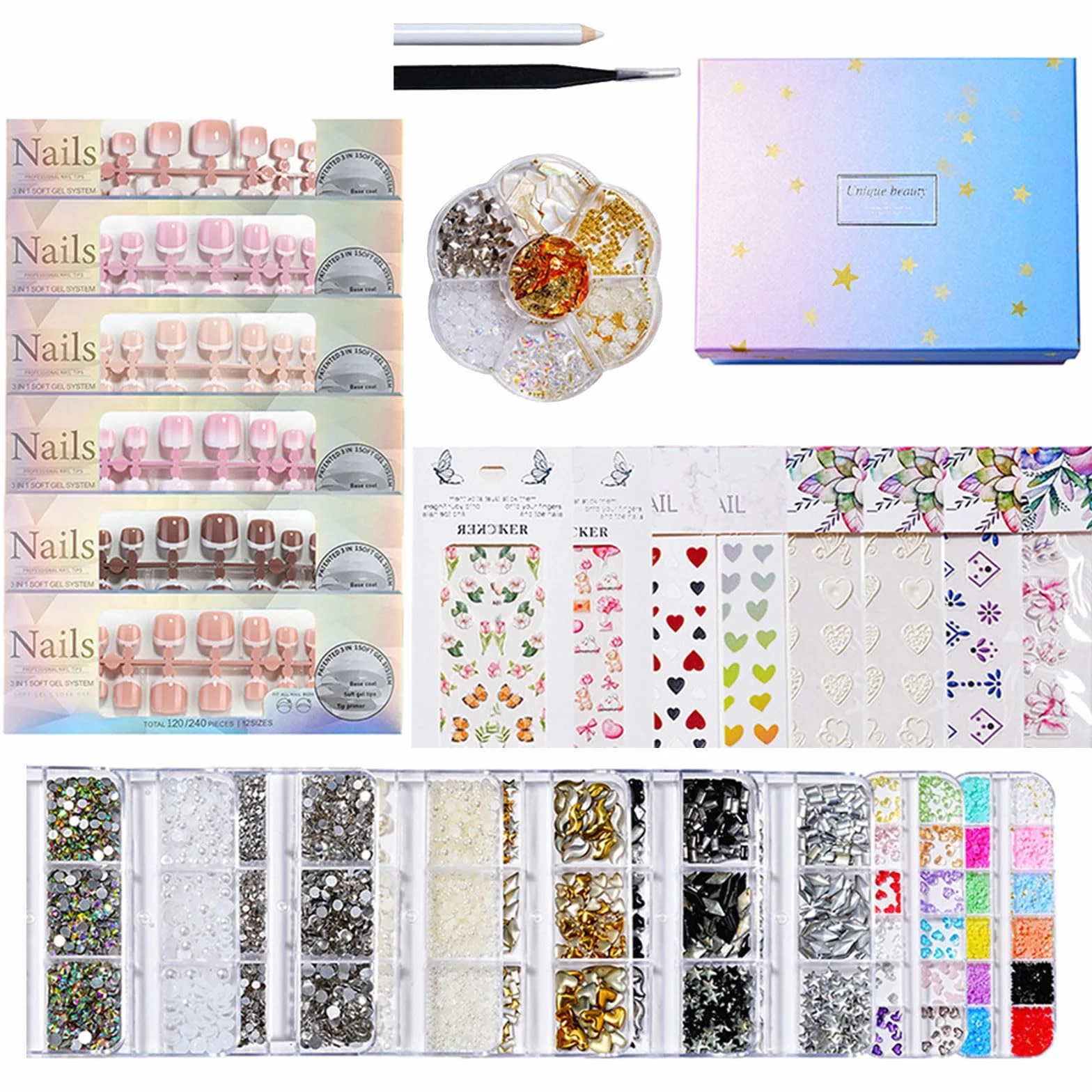 Juego profesional de uñas con herramientas, tiras de punta francesa, dije de flores 3D y calcomanías decorativas para uñas