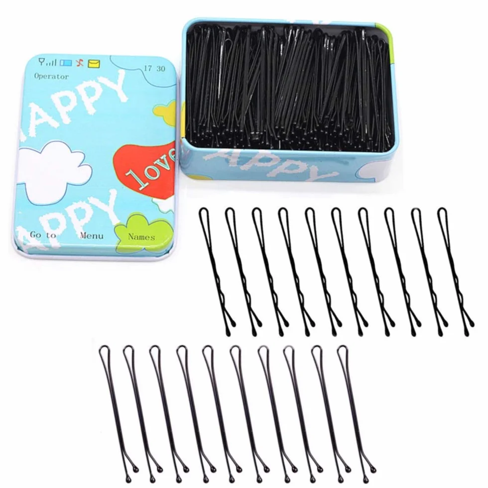 Horquillas de Metal Onduladas para Mujer, 200 Pinzas con Caja Portátil (negra)