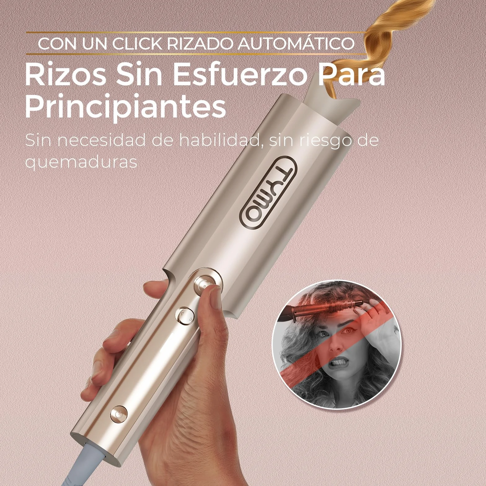 TYMO Curlpro Plus Rizador de Pelo Automático 25mm Beach Waves Moldeador Anti-Quemaduras Calentamiento Rápido Dorado