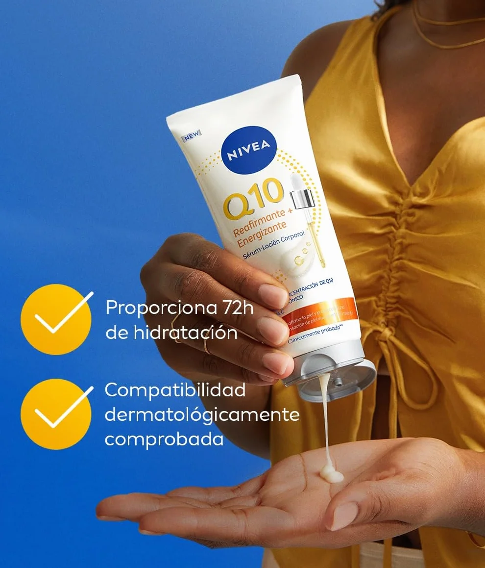 NIVEA Q10 Sérum Loción Corporal Reafirmante + Energizante 200 ml Crema Hidratante 72h con Vitamina C y Ácido Hialurónico
