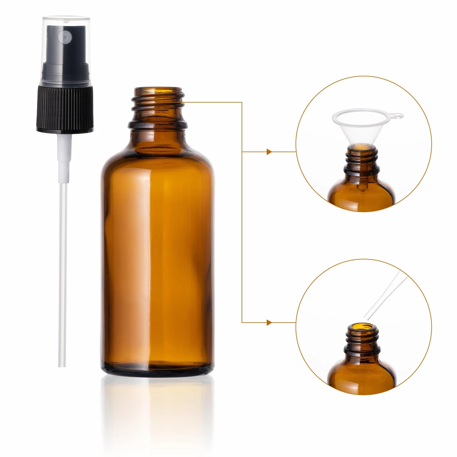Kiperline 6 botellas spray de cristal vacías 50 ml, ámbar, con embudo, pipetas y etiquetas para aceites esenciales