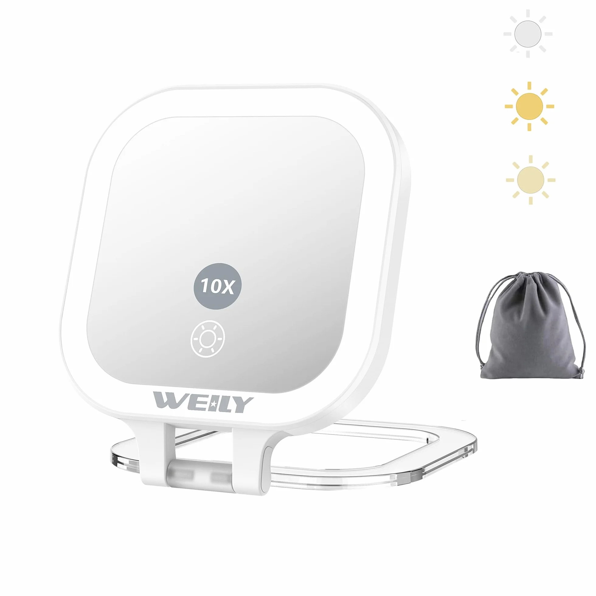 WEILY Espejo Maquillaje con Luz, 1X/10X Doble Cara Aumento, Espejo de Viaje con 3 Luces de Color y Control Táctil, Recargable USB Blanco