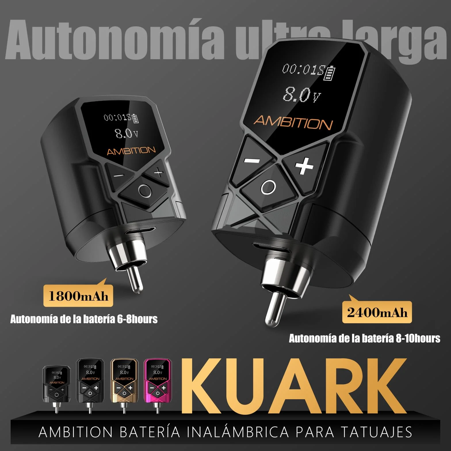 Ambition Kuark Mini Maquina de Tatuar Rotativa Fuente Inalámbrica con Batería 1800mAh, Pantalla LED y RCA Profesionales