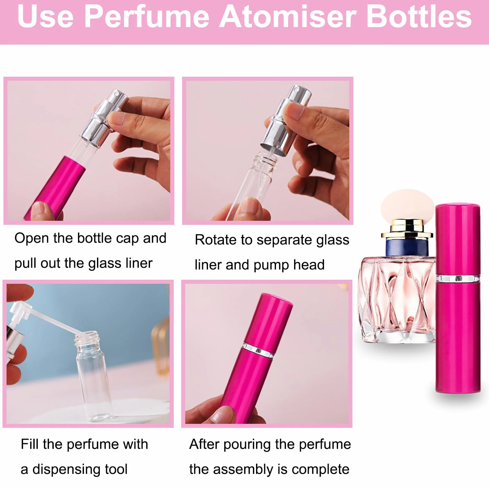 KEYRI Atomizador Perfume Recargable 10ml, Dispensador Viaje Mini Botella Rociadora Portátil (Negro+Blanco+Rosa+Rojo+Plata)