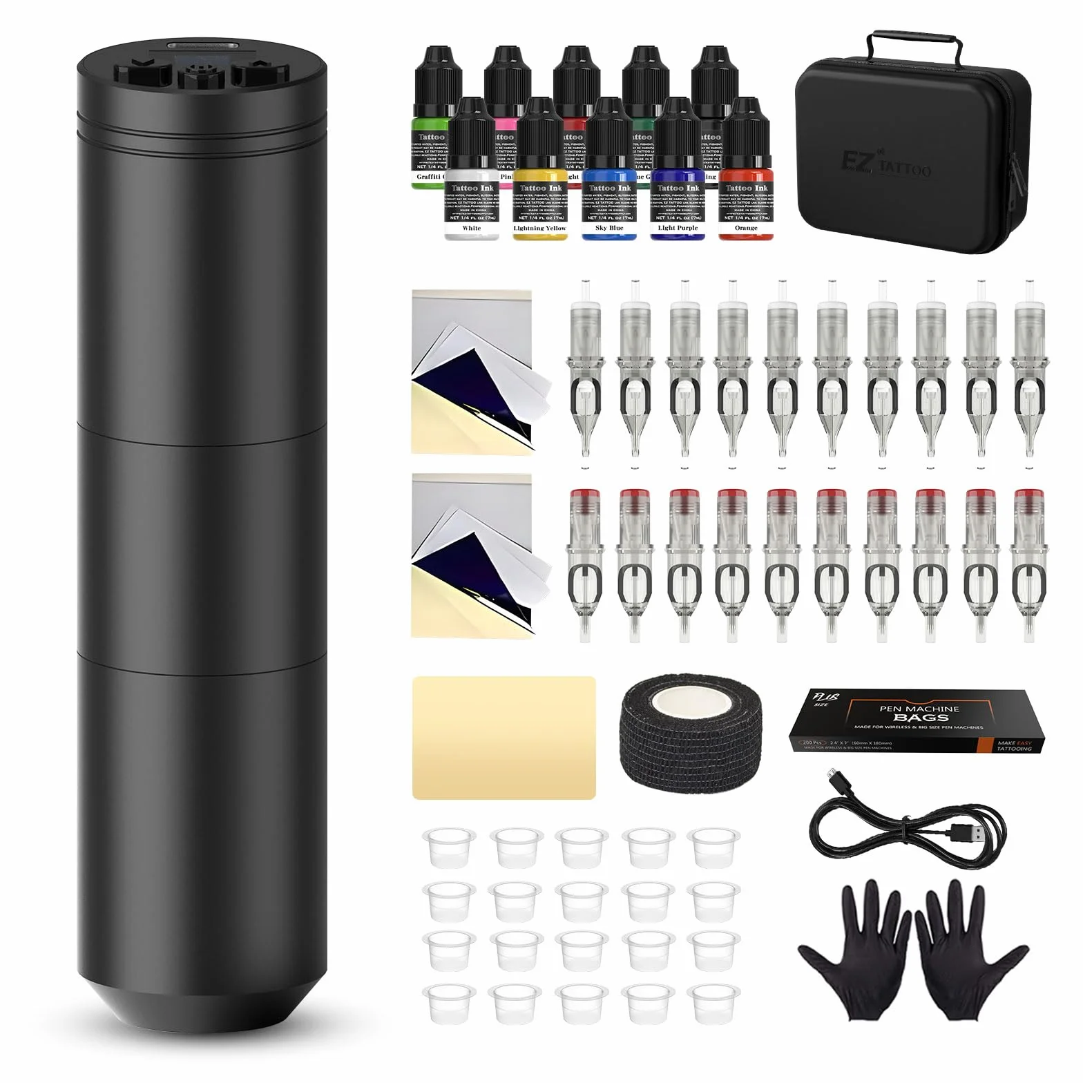 EZ Kit de Tatuaje - Kit de Máquina de Tatuar con Máquina de Tatuar Inalámbrica, Batería de Alimentación de 1500mAh, 20Pzs Agujas Tatuaje y 10 Color Tintas para Tatuadores (Lancer Negro)