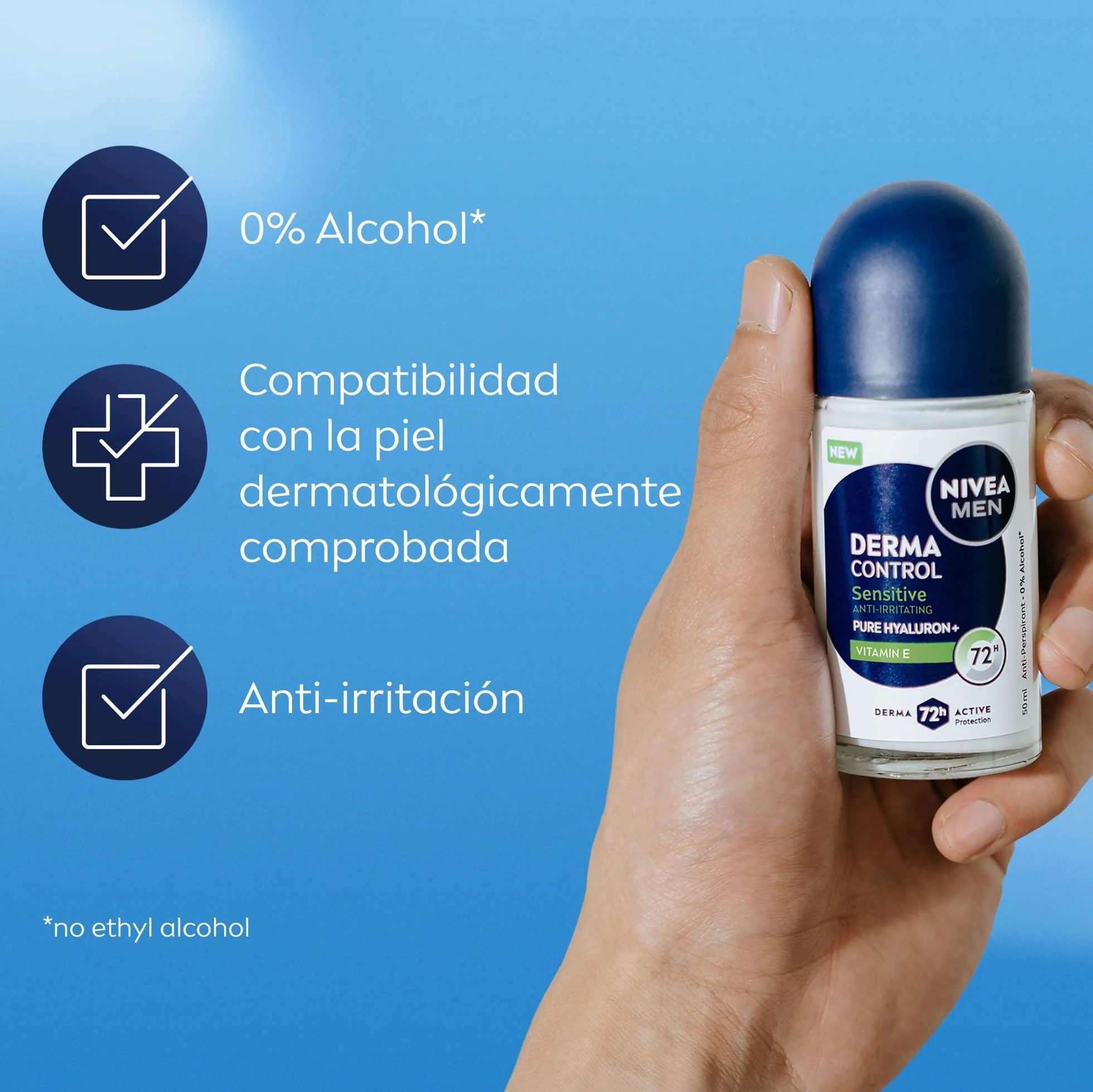 NIVEA Derma Control Sensitive Desodorante Antitranspirante Roll-on 50 ml para Hombre 72h Protección Sudor Ácido Hialurónico Vitamina E