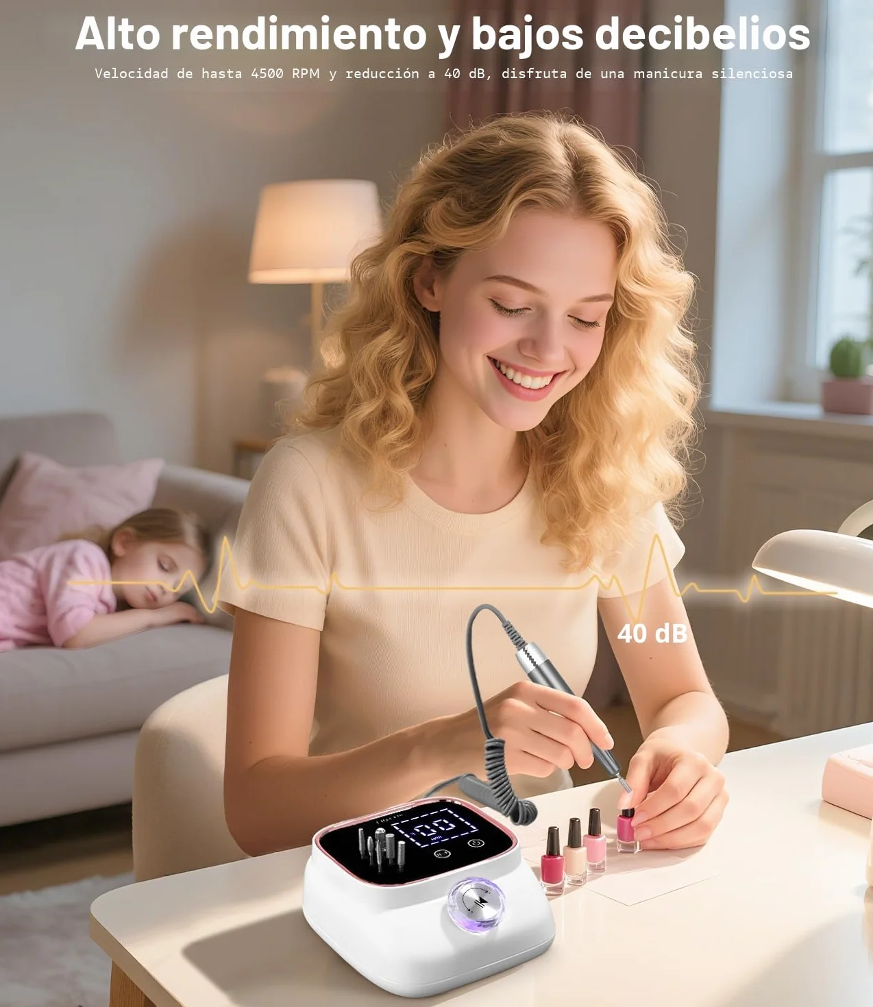 45,000RPM Torno para Uñas Profesional, Lima Electrica Uñas, Velocidad Ajustable,Set de Accesorios para Manicura y Pedicura con Brocas de Cerámica,para Uso Doméstico Salones de Uñas, Oro Rosa