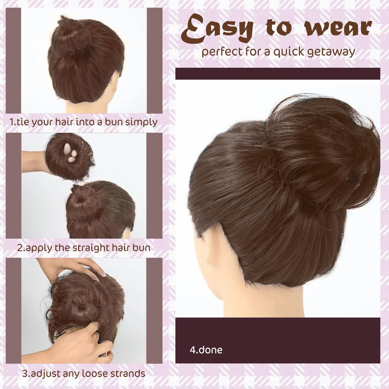Scrunchies para cabello liso Castaño claro accesorio donut trenzado sintético