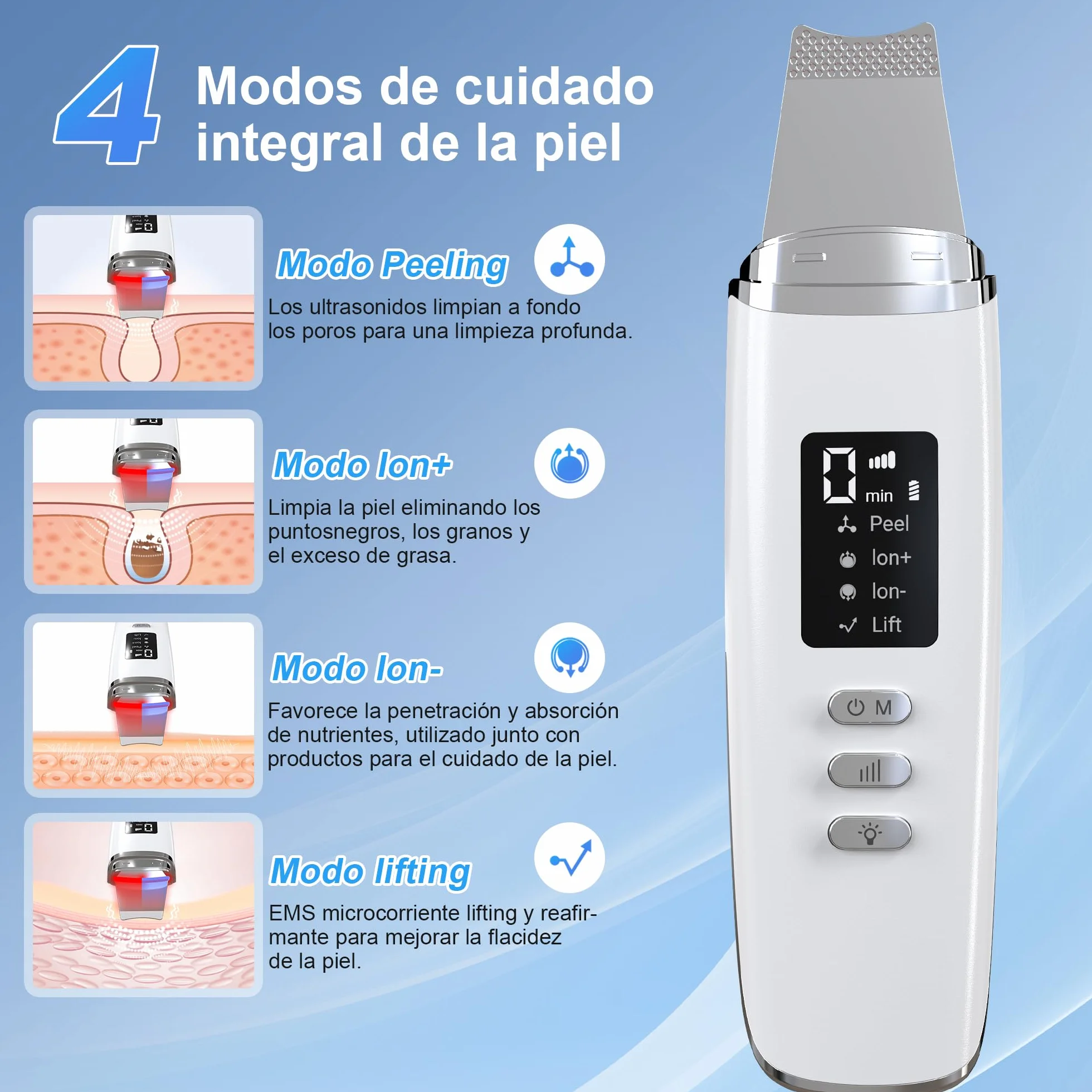 Peeling Ultrasónico Facial, Limpiador Ultrasonidos con 4 Modos e Intensidad Ajustable, Luz Roja y Azul, Skin Scrubber