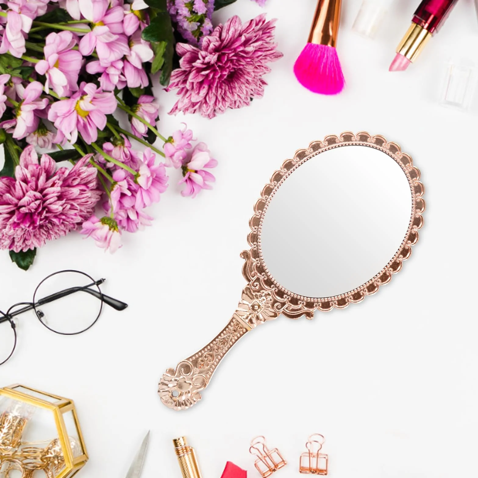 Espejo de Bolsillo Vintage, Espejo de Mano, Espejo de Maquillaje (Oro Rosa)