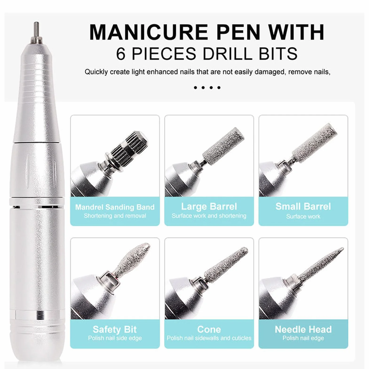 Taladro de Uñas Eléctrico Portátil, Kit de Pedicura de Manicura de Velocidad Recargable de 45000 Rpm, Herramienta de Pulido de Uñas con Múltiples Cabezales de Pulido, para Pulido