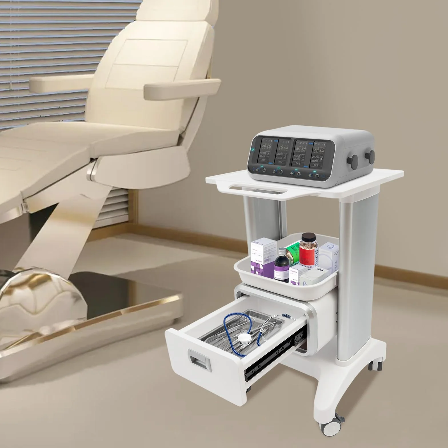Carro médico con 1 cajón, carrito de laboratorio, 100 kg, carrito de peluquería, carrito de belleza, carrito médico, para laboratorio, clínica, hospital, salo