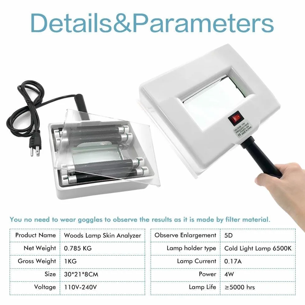 Woods Lamp Analizador de piel, analizador de aumento profesional Detector de piel Prueba de belleza Cuidado facial SPA Máquina de salón en casa, se puede probar fácilmente en casa