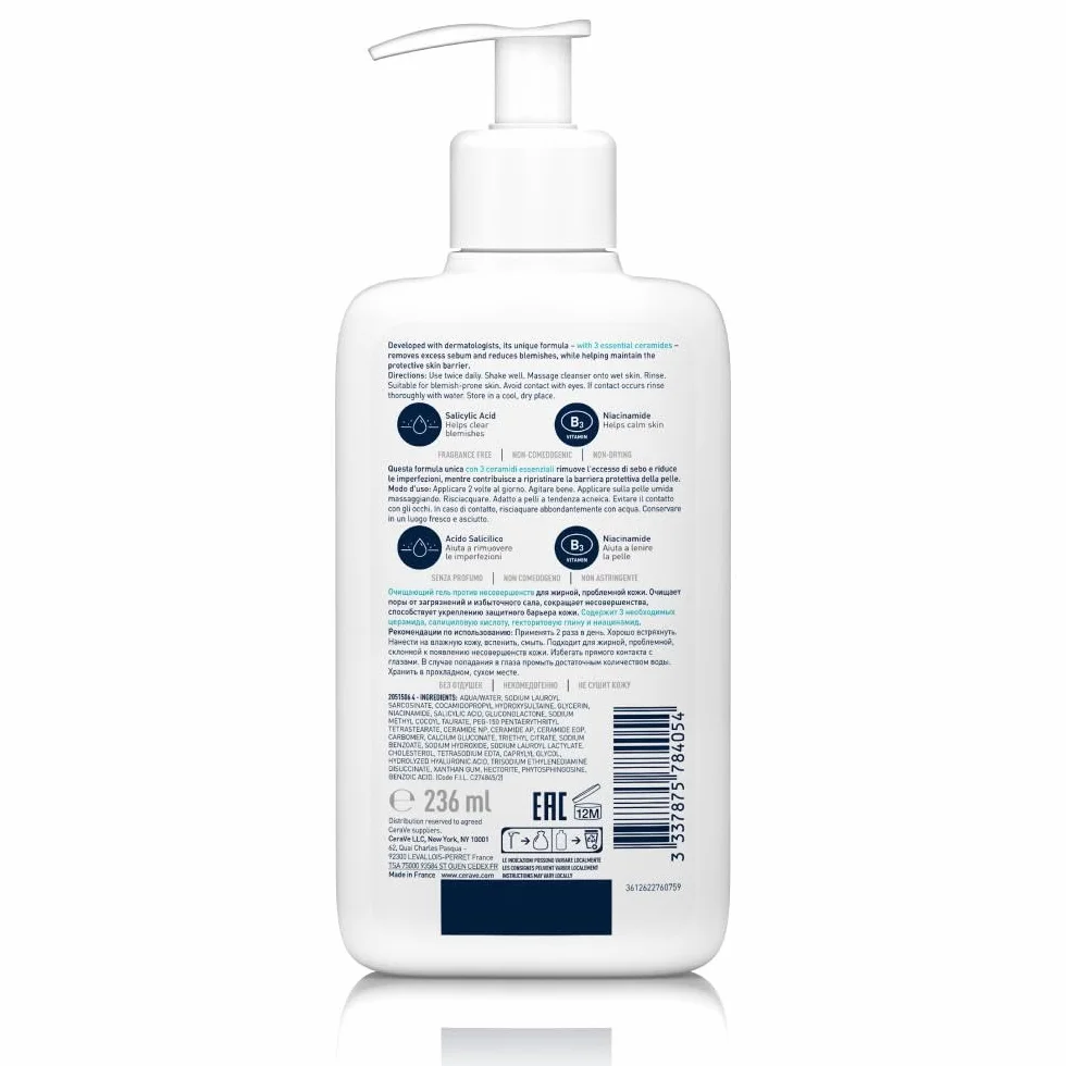 CeraVe Gel Limpiador para Acné y Piel Grasa con Ácido Salicílico 473 ml