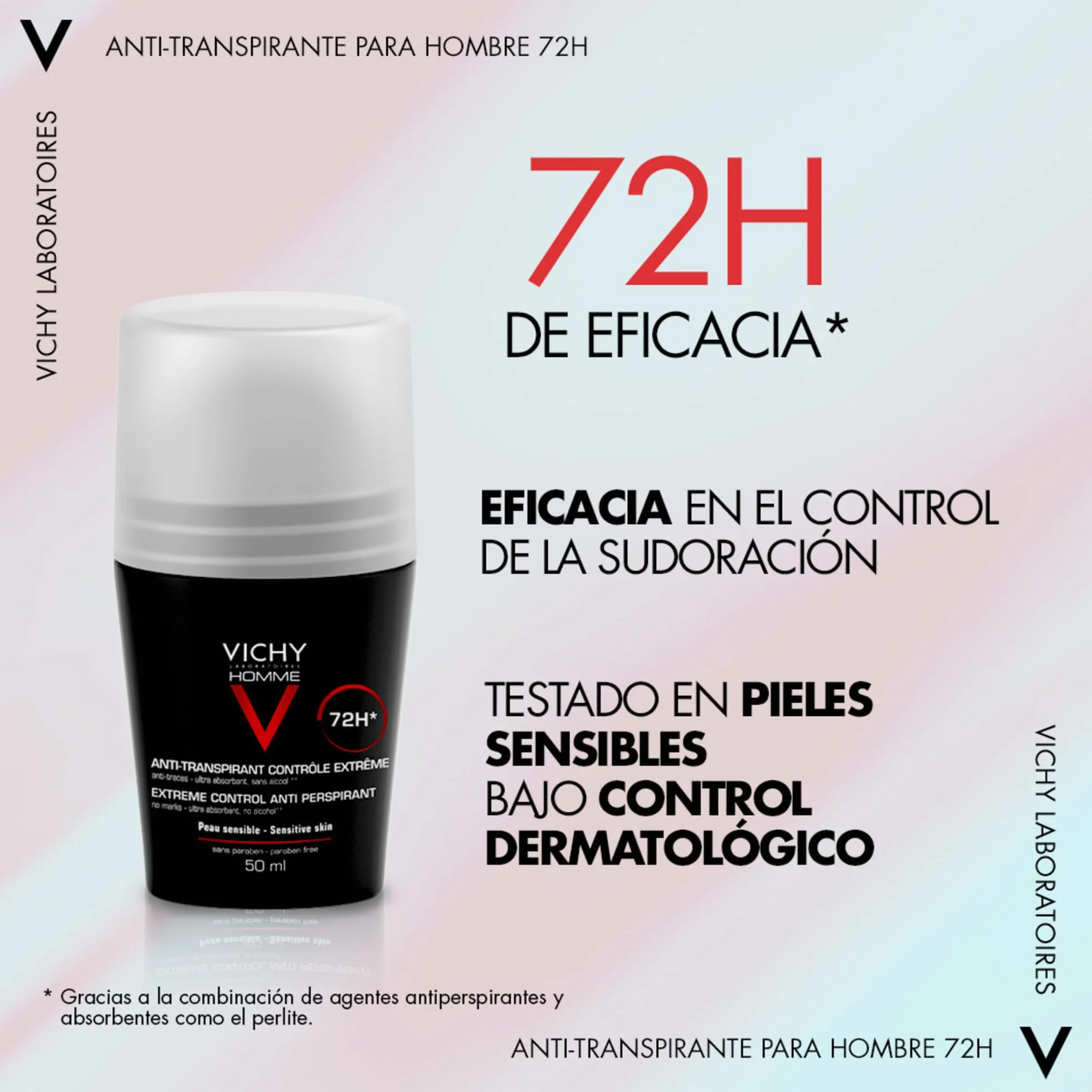 Vichy Homme Desodorante Roll-On Anti-Transpirante 72 H 50 ml Paquete de 4