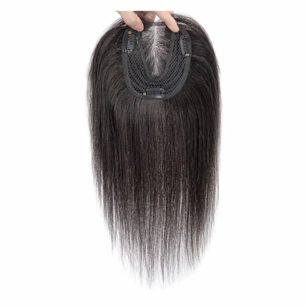 Topper para cabello humano para mujer, 12 pulgadas, 38 g, base corta de encaje atado a mano, peluca invisible de 10 x 12 cm extensiones de pelo (negro natural no bangs)