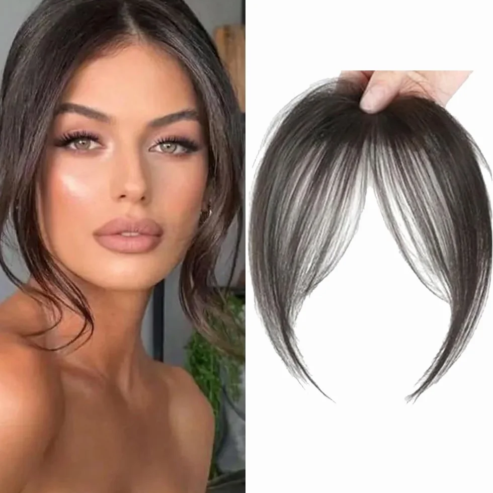 Flequillo Postizo Pelo Natural 3D Plano con Patillas Extensión Cabello Mujeres (Marrón-negro)