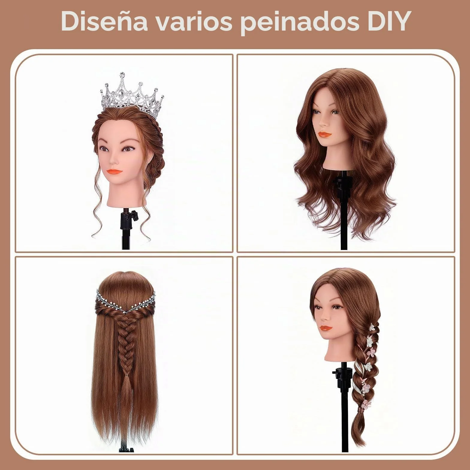 TopDirect 18" Cabeza de Maniquí Cabello Humano Real para Practicas Peluquería con Soporte de Mesa
