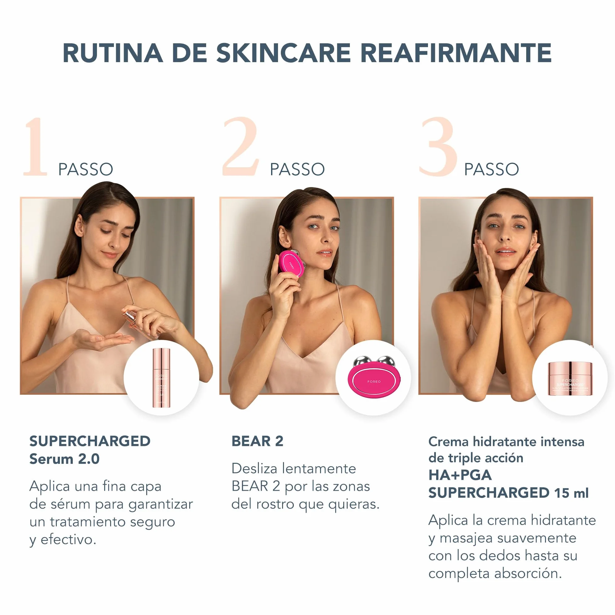FOREO BEAR 2 Masajeador facial reafirmante microcorrientes + SÉRUM SUPERCHARGED 2.0 30 ml + Crema HA+PGA 50 ml Skincare