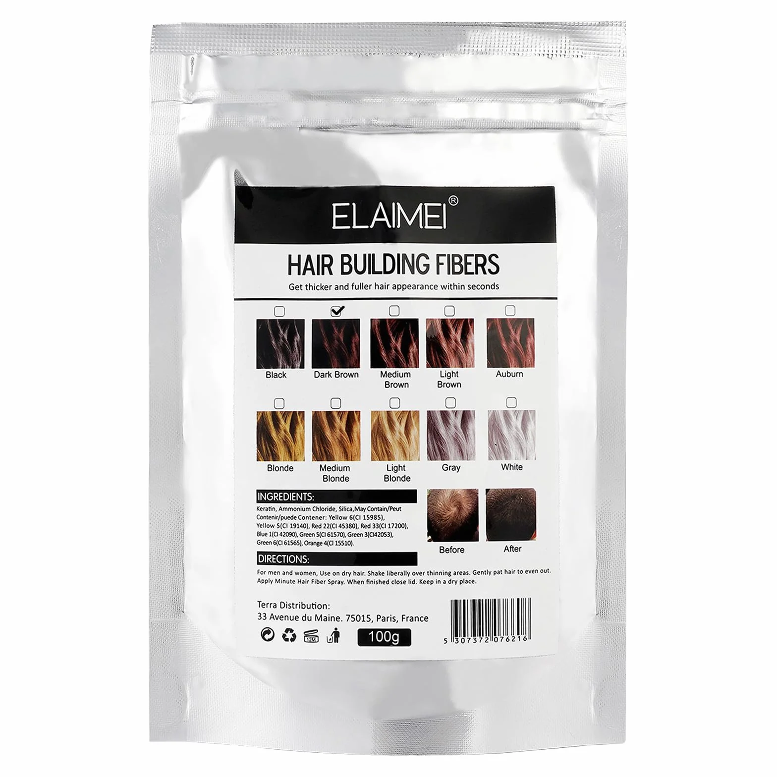 Fibra para el cabello de queratina, polvo capilar especial hombres y mujeres, Marrón oscuro 100G