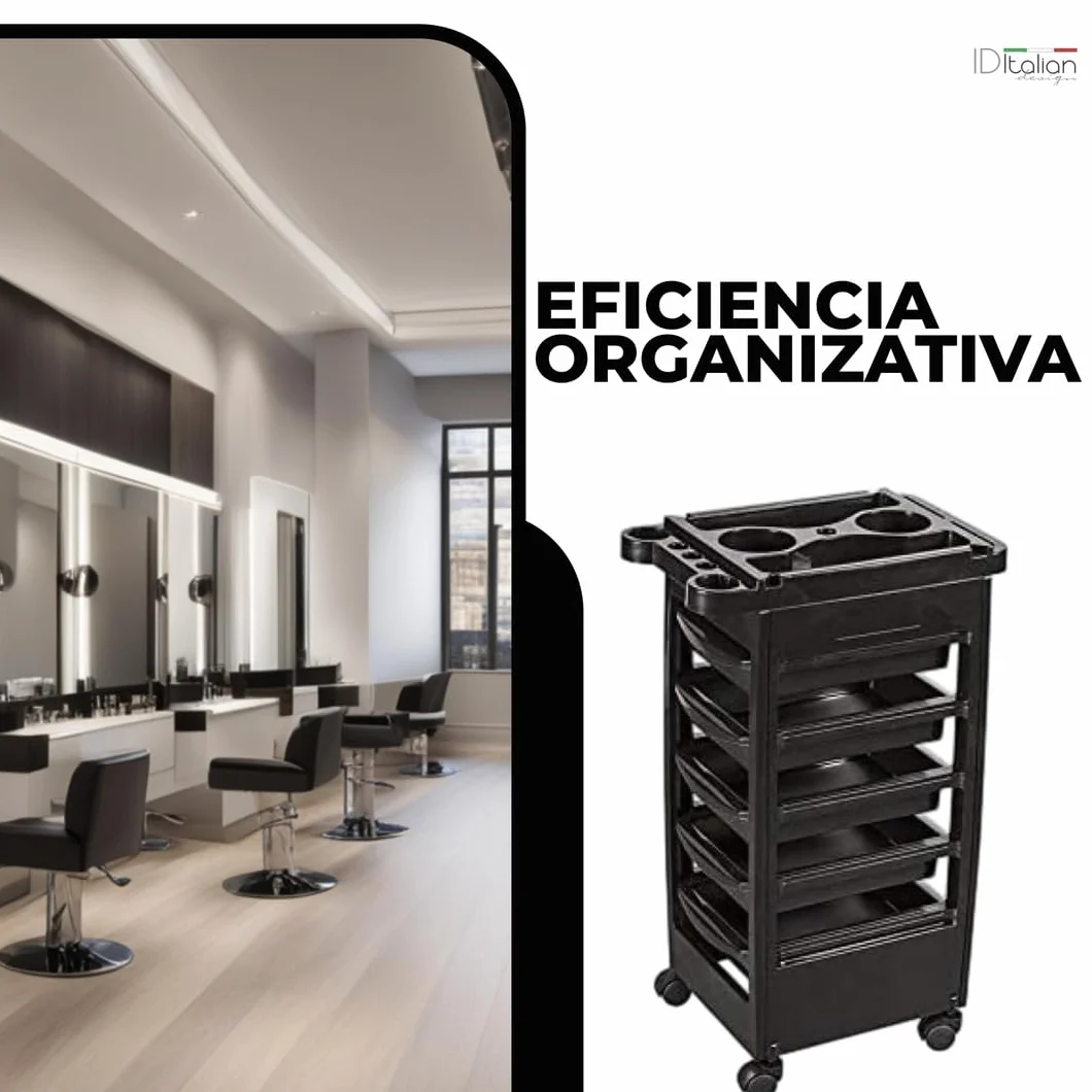 Carro de Peluquería Negro 5 Bandejas Extraíbles 38x26,5x7 cm Bandeja Superior Antideslizante Porta Secadores 4 Ruedas Flexibles