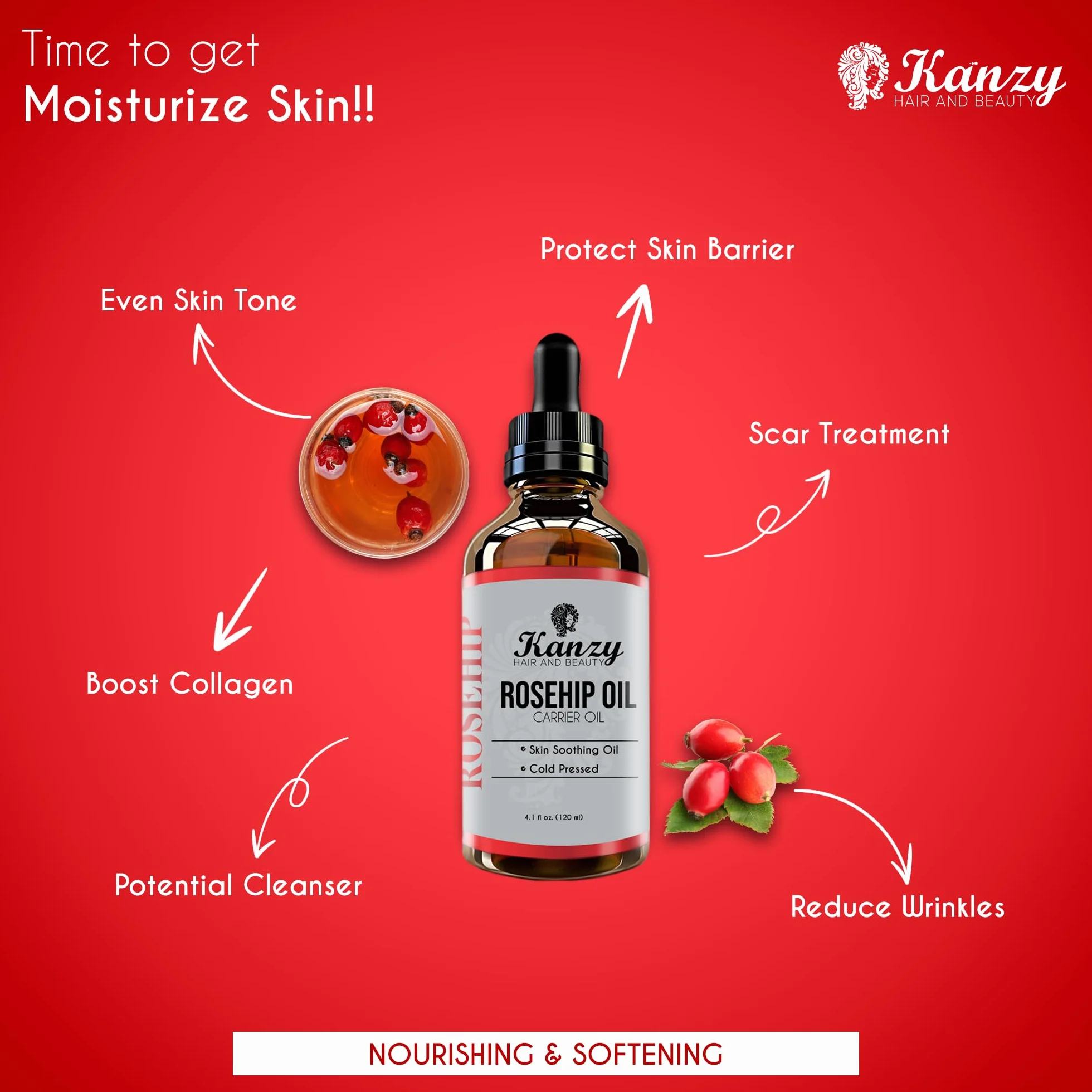 Kanzy Aceite de Rosa Mosqueta 120ml Prensado en Frío sin Refinar para Cicatrices y Estrías