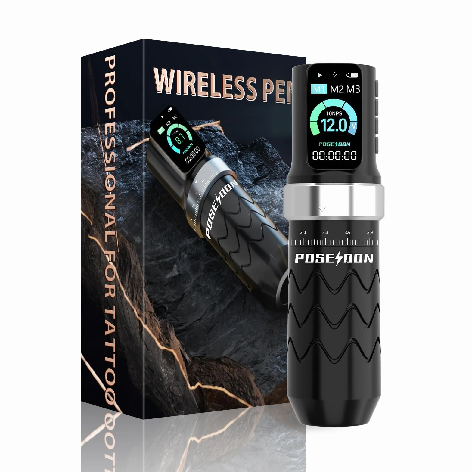 Kit de máquina de tatuaje inalámbrica POSEIDON con 7 ajustes de hub, dos baterías de 2300 mAh, modo normal/punteado y pantalla LED - Dispositivo de tatuaje inalámbrico profesional para principiantes