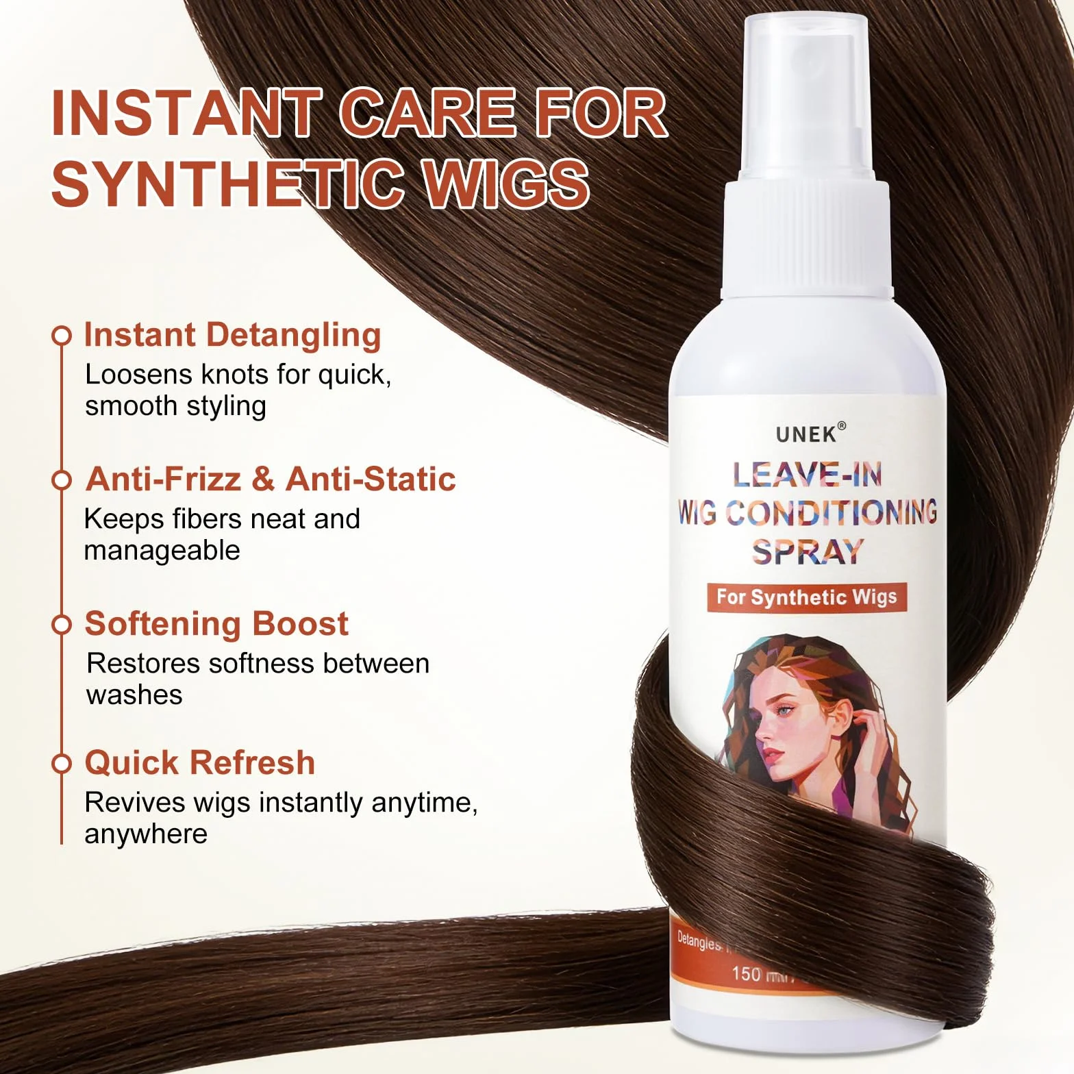 UNEK Spray para pelucas sintéticas 150 ml – Desenredo instantáneo y control del encrespamiento