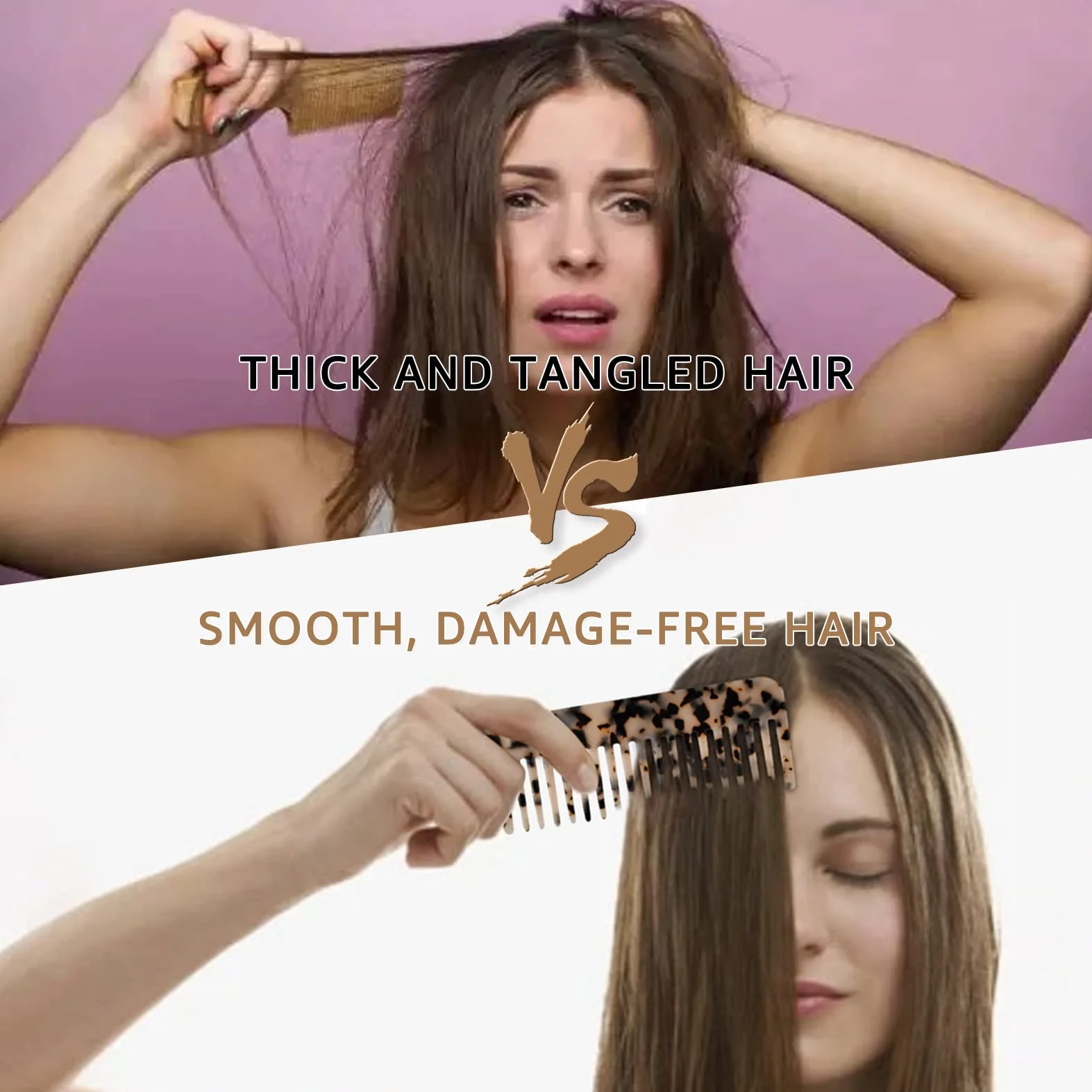 Peine Pelo Rizado 2 Piezas, Peine Púas Anchas Antienredos Antiestáticos para Cabello Largo Húmedo, Rizos, Marrón/Blanco