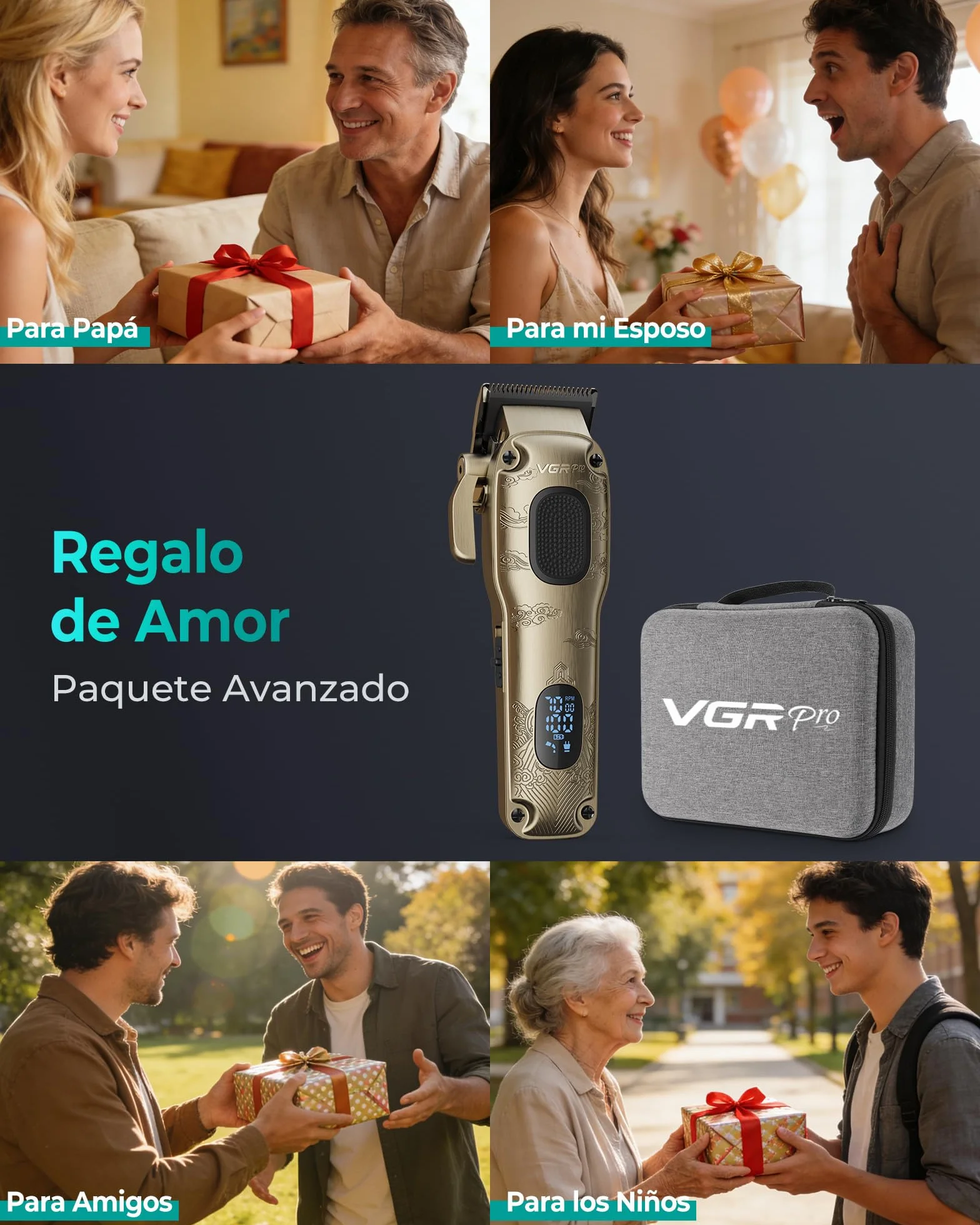 VGRPRO Profesional Máquina de Cortar Pelo Hombre Inalámbrico con Estuche LED Kit Dorado