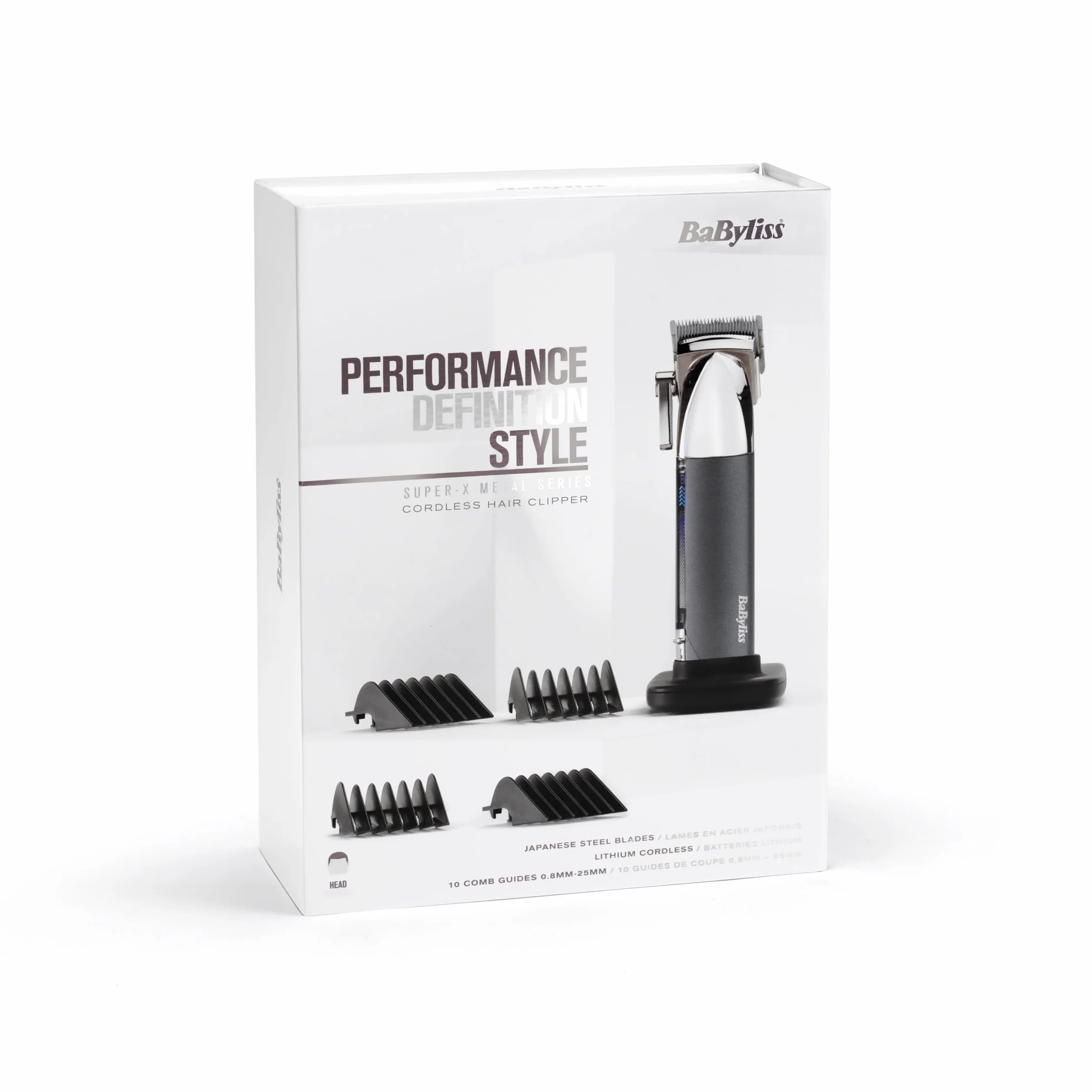 BaByliss Super-X Metal Cortapelos inalámbrico Cuchillas acero japonés 10 peines guía Batería litio Negro E996E