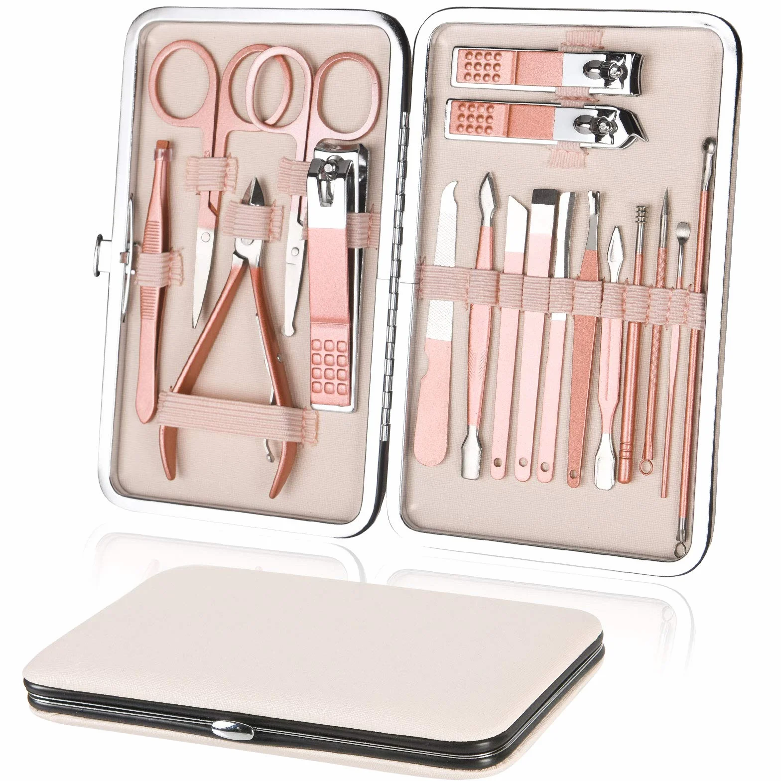 Set de Manicura y Pedicura 18 Piezas, Cortaúñas Acero Inoxidable con Caja de Cuero, Oro Rosa