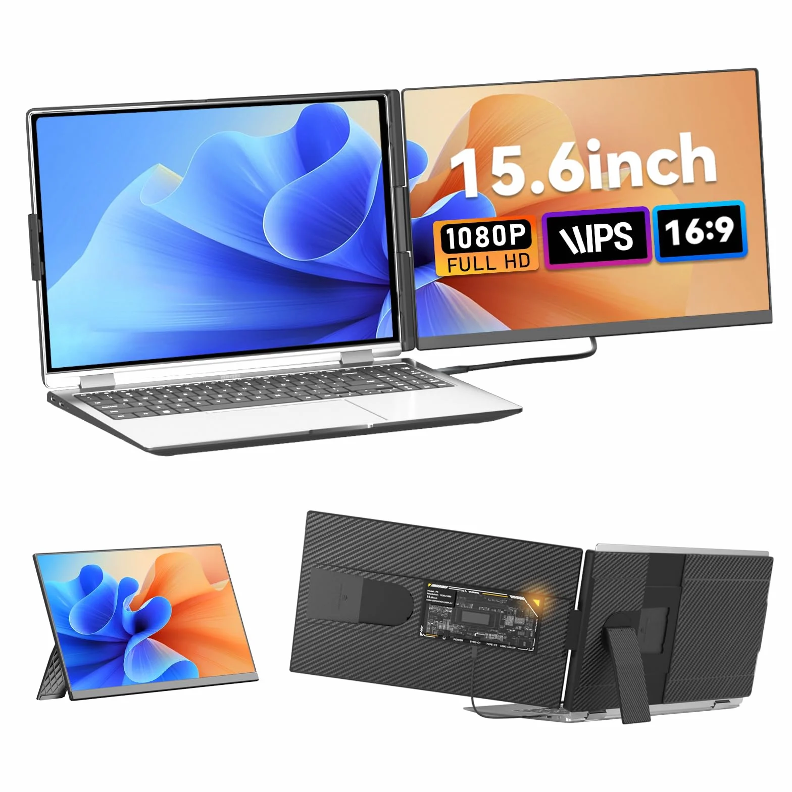 Monitor Portátil 15.6" 1080p IPS Doble Pantalla Extensor para Laptop 13-17,3 Pulgadas