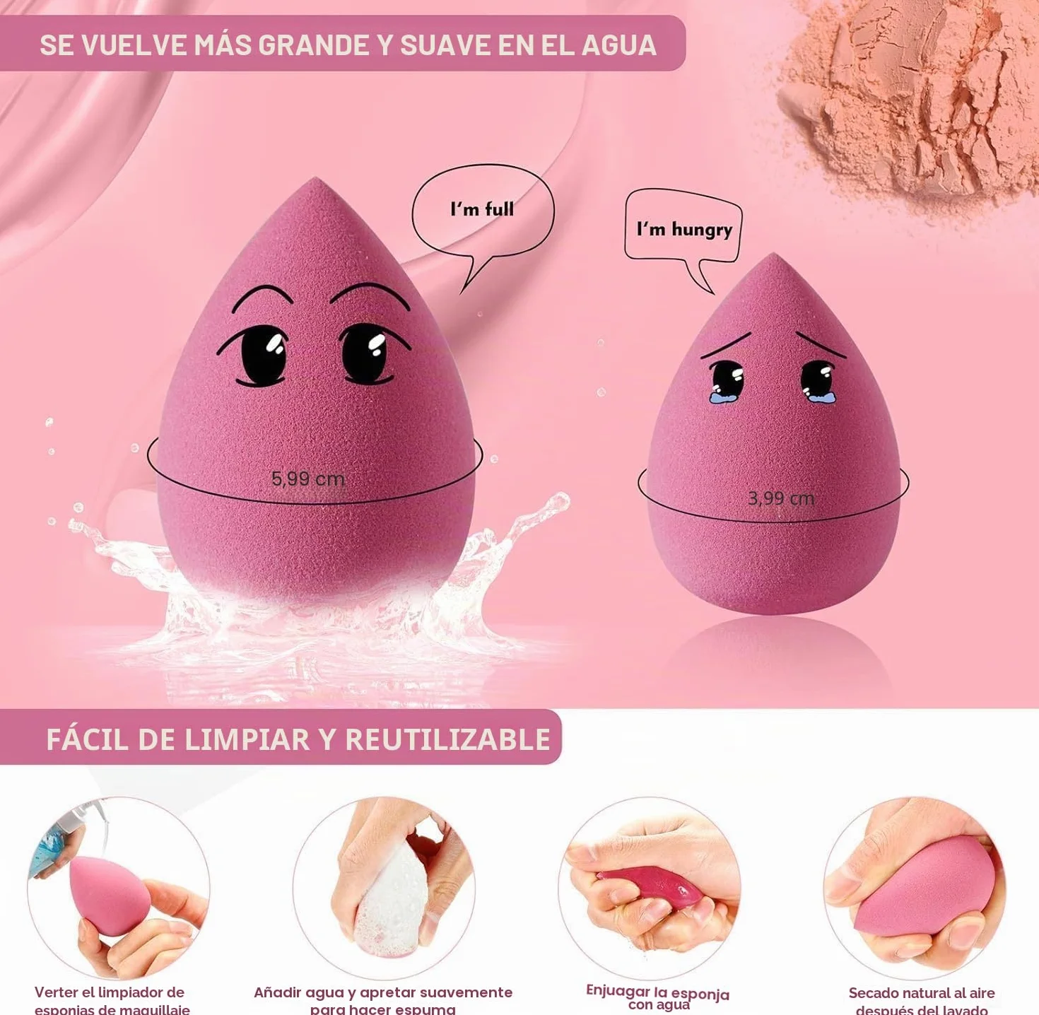 Juego de 4 esponjas de maquillaje para base, sin látex, con estuche