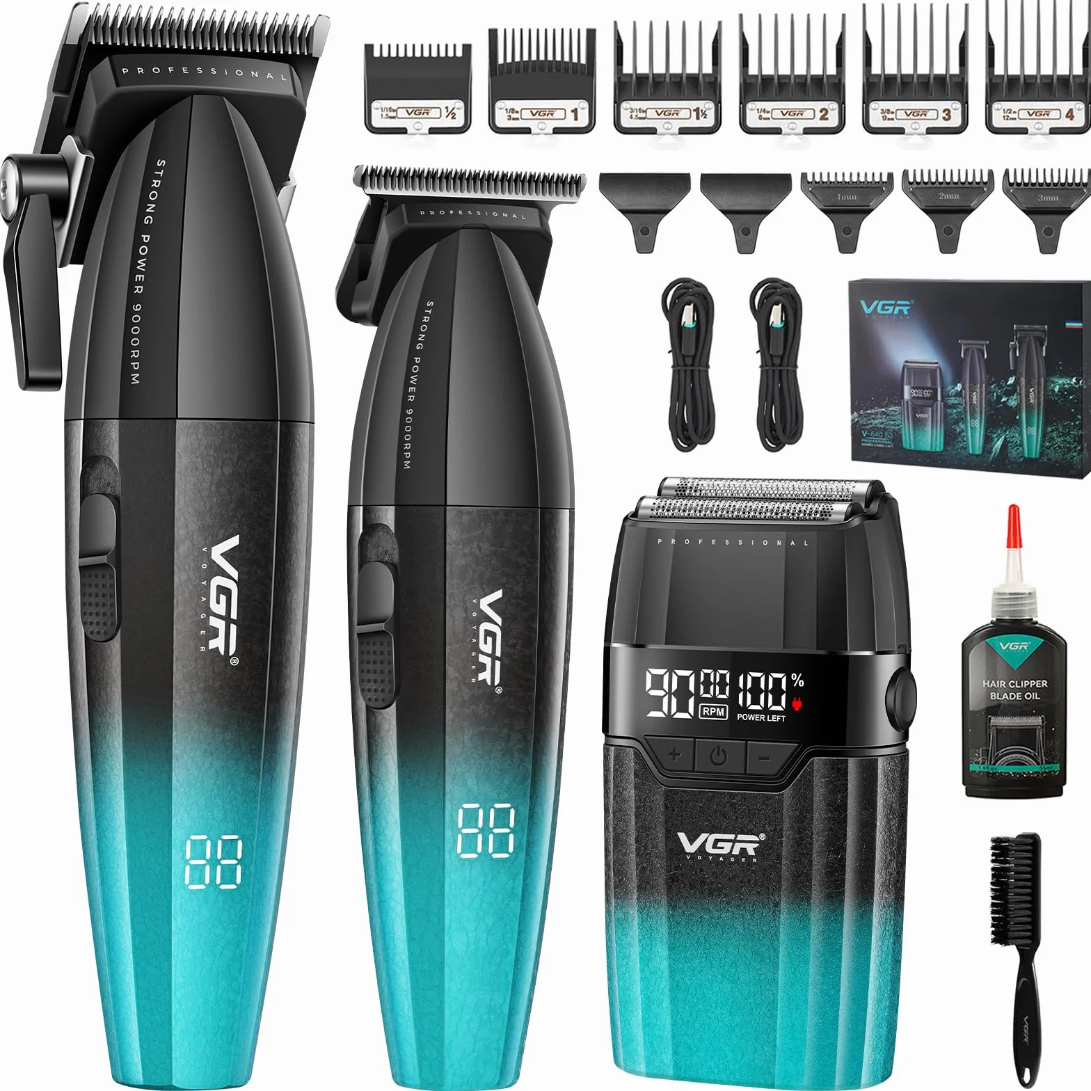 VGR 640 S3 Maquina de Cortar Pelo Hombre Profesional, 3 en 1 Inalambrica Kit Barberia con Cortapelos Recortador de Precision Afeitadora de Lamina, Pantalla LED, Cuchillas Ceramicas, Verde