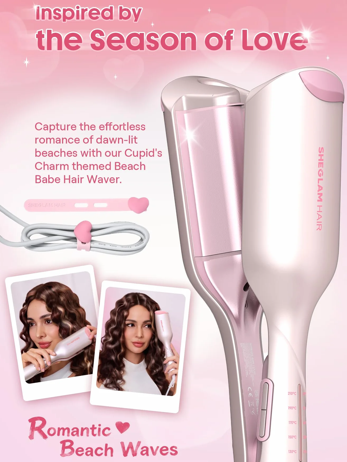 SHEGLAM Rizador Doble Barril Rosa - Ondas Beach Waves, 5 Temperaturas, Anti-Quemaduras, Doble Voltaje (25mm)