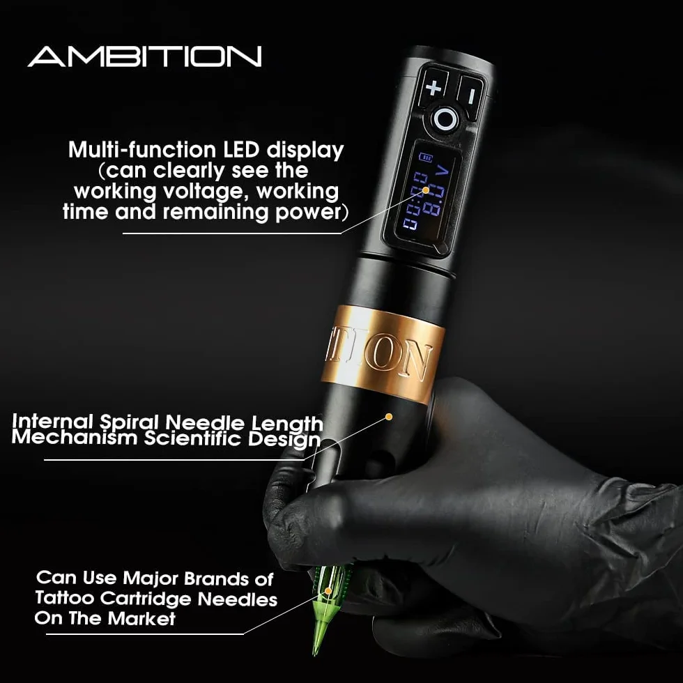 Ambition Soldier Máquina de cartucho de tatuaje con bolígrafo de batería rotativa con motor inalámbrico de 2400 mAh sin núcleo pantalla LED digital suministro de equipo de tatuaje