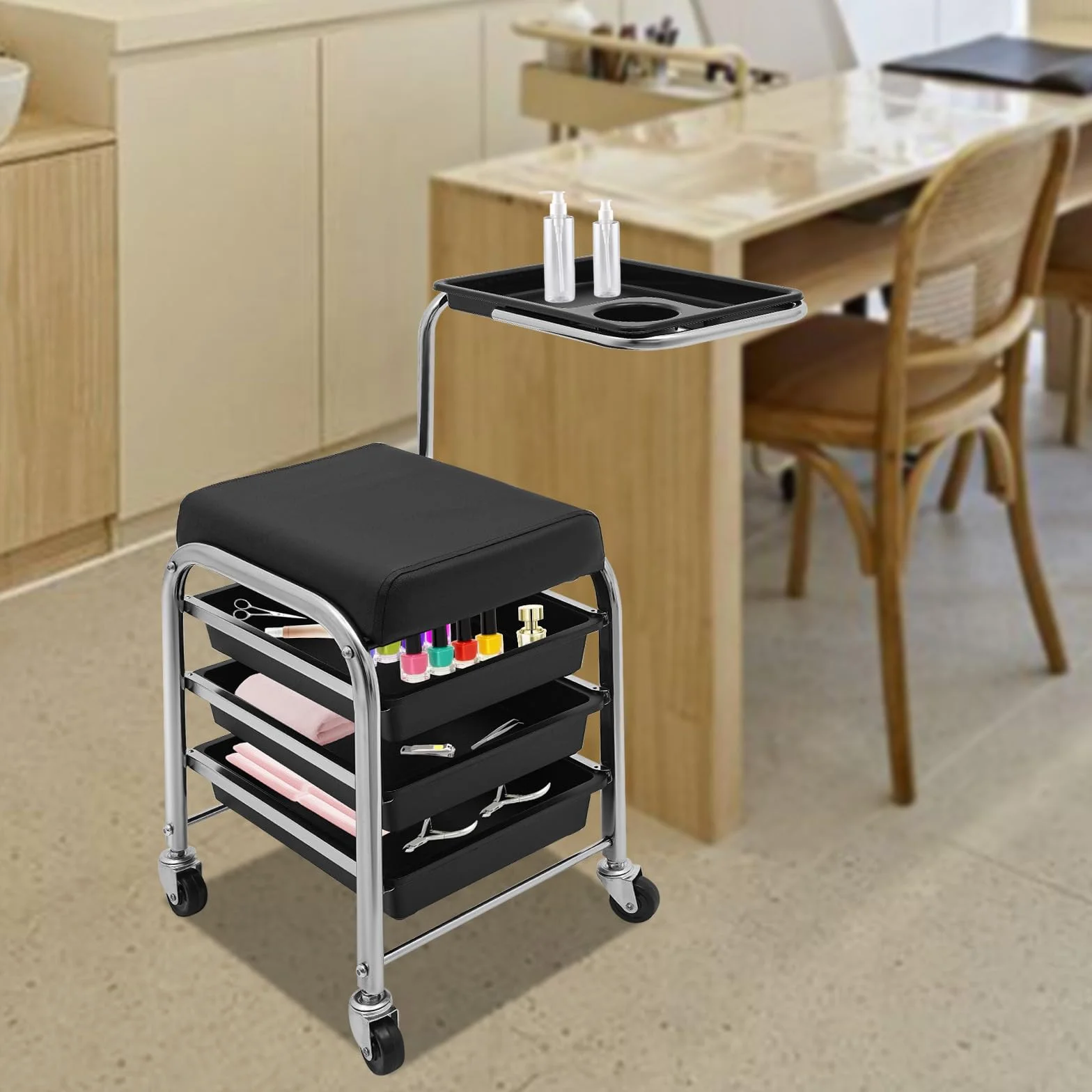 Carrito de peluquería 3 niveles altura ajustable 53-77 cm 4 ruedas negro