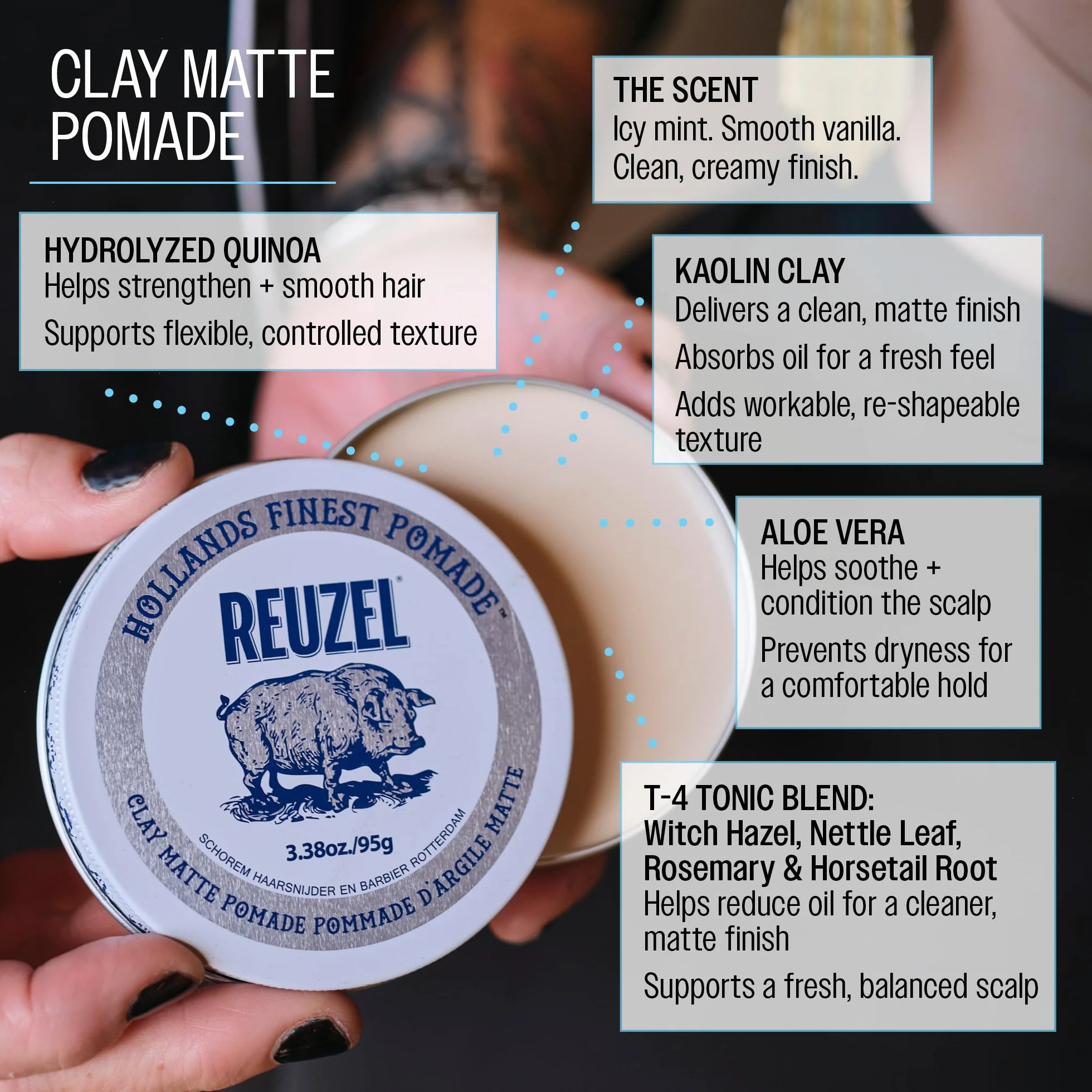 Reuzel Pomada de arcilla mate, fijación media, 3.38 oz/95g