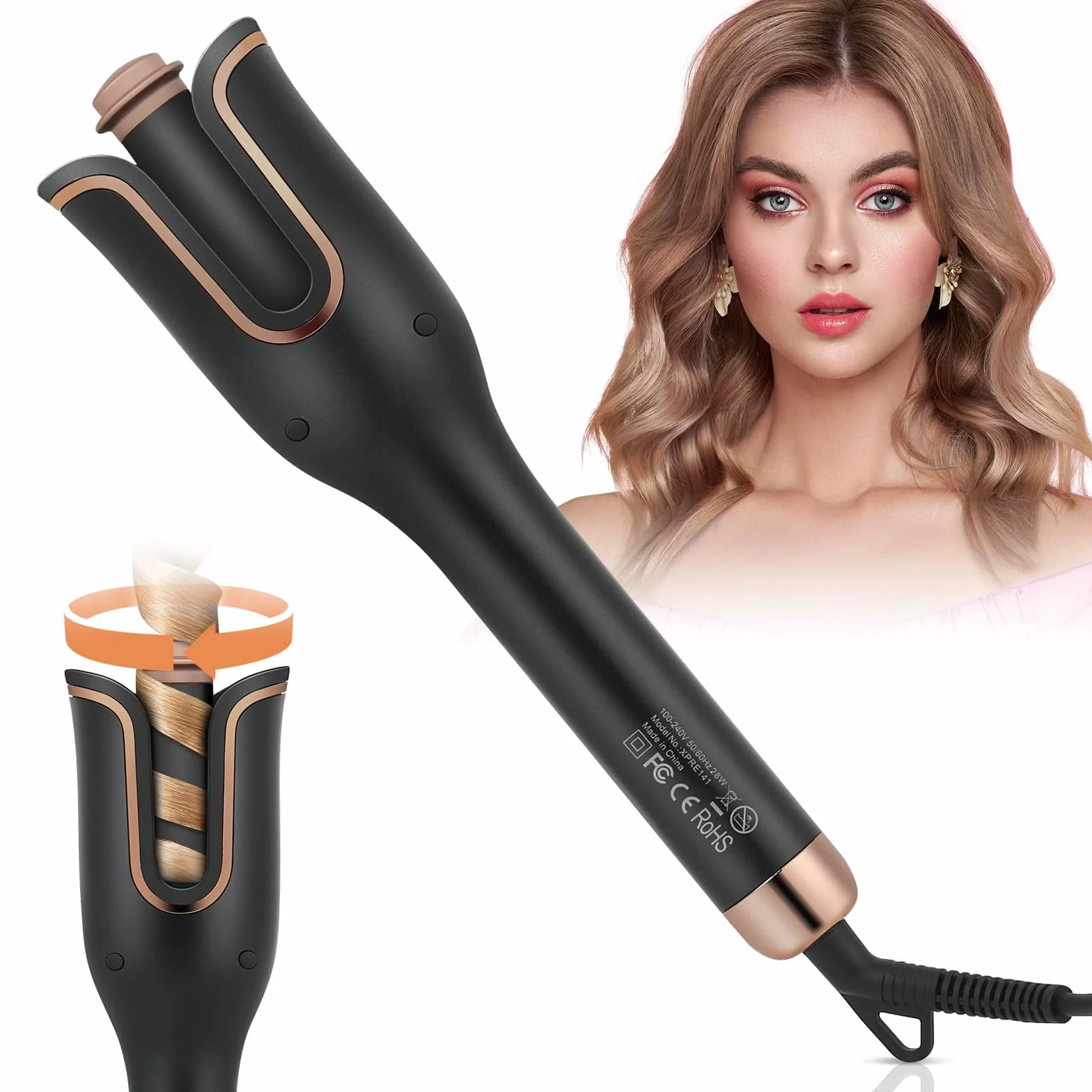 Rizador Automático de Pelo con 4 Temperaturas Ajustables, Revestimiento Cerámico, Antiescaldaduras y Calentamiento Rápido, para Rizos y Ondas