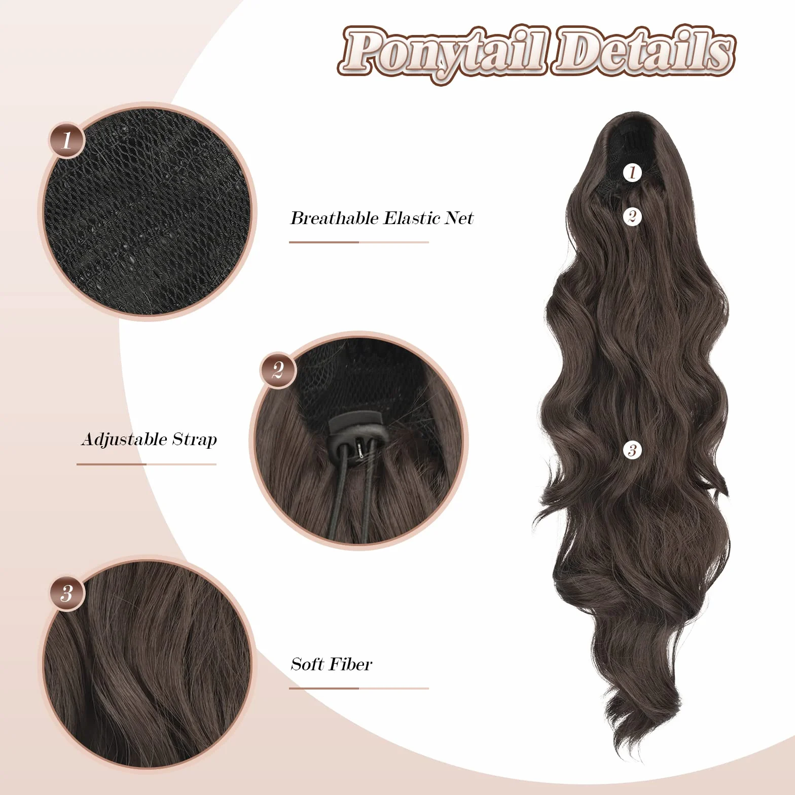 FESHFEN Coleta Postiza Larga 60cm Ondulado Castaño Medio Postizos de Pelo para Mujer