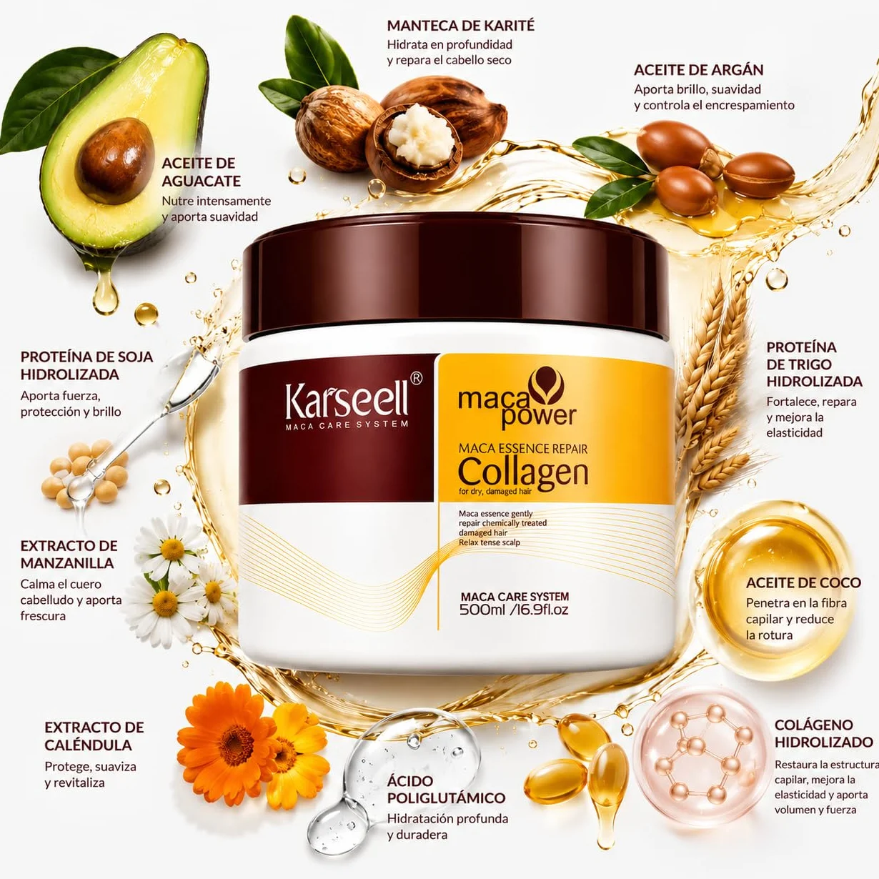 Karseell MACA CARE SYSTEM Mascarilla Capilar Profesional Colágeno Aceite Argán Coco Aguacate Keratina Karité Reparadora 500ml